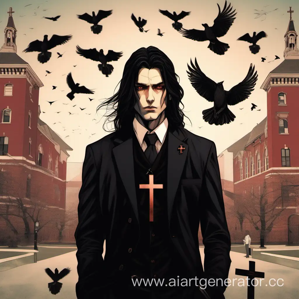 мужчина с темными узкими глазами с длинными черными волосами, одет в черный костюм, на груди медный крест. стоит на фоне колледжа, красный заказ и птицы летают