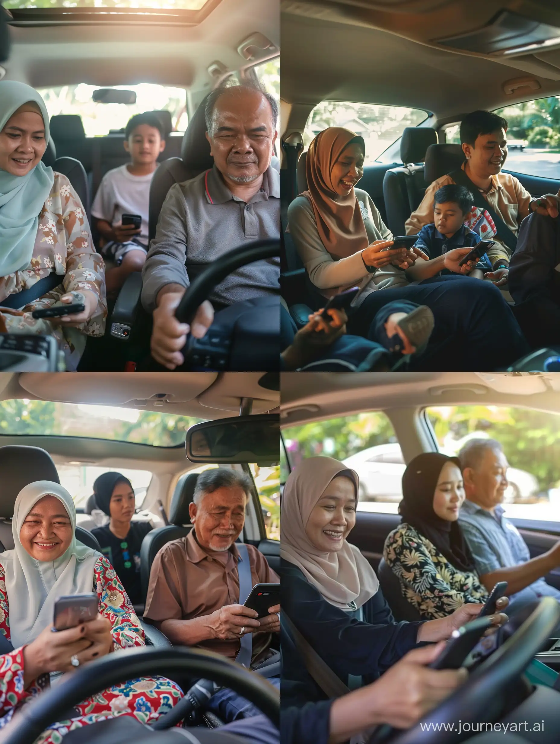 atmosphere in the car. malay family. mother sitting on the left looking at the mobile phone and smiling. his two teenage children sitting in the back looking at each other's cell phones. mother wears a hijab. only Dad was driving with a sleepy face and not holding his mobile phone while looking ahead. they are on their way to vacation. there is sunlight