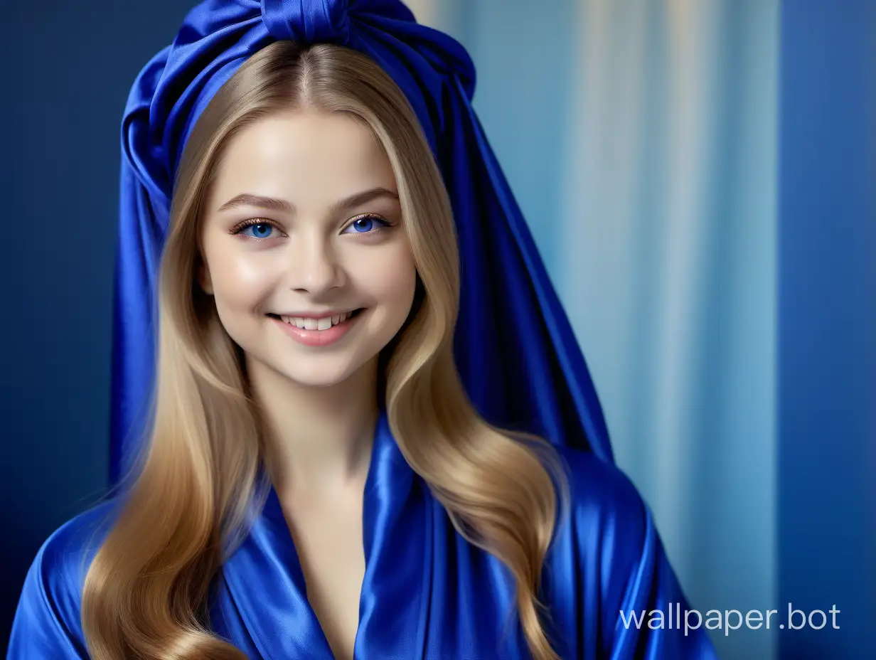 Yulia-Lipnitskaya-Smiles-Radiantly-in-Royal-Blue-Silk-Robe-and-Turban