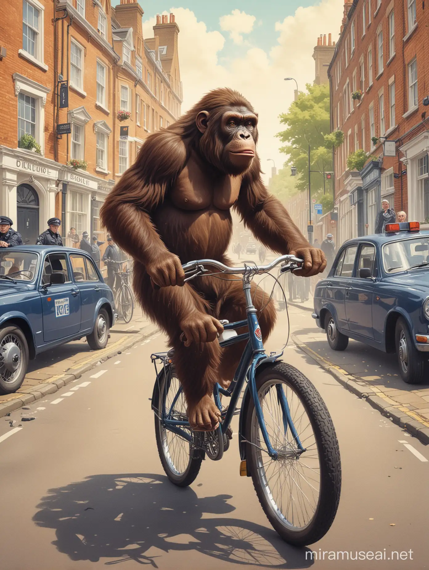 Create a very colourful illustration of a scenery in the UK: an Ape on a Bicycle running away from the UK police in London