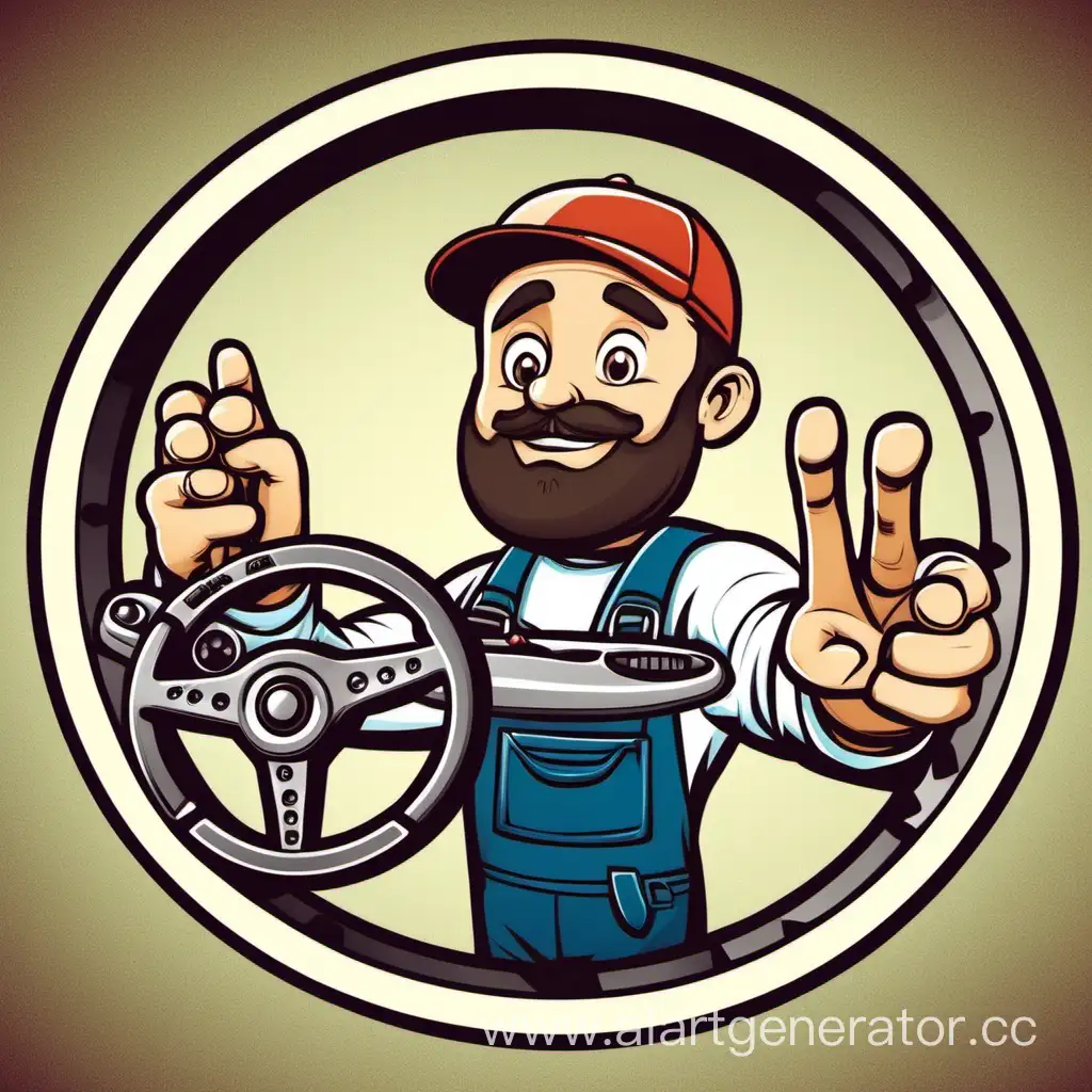 Картинка с персонажем в виде автослесаря, держащего руль. Текст: “Авто-Мастер - мы научим тебя управлять своим автомобилем!”
