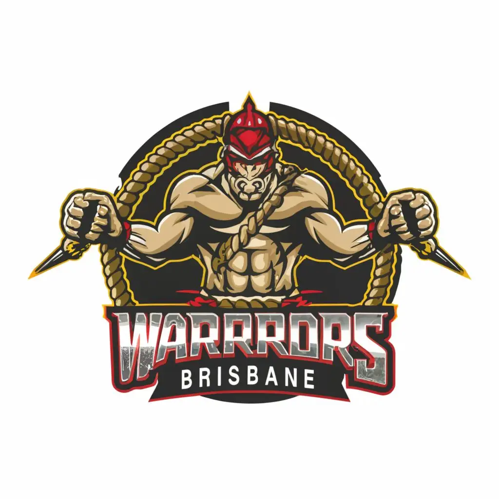 a logo design,with the text "Warriors Brisbane", main symbol:The logo features a strong and determined warrior holding a thick rope in both hands, ready for a fierce tug of war battle. The warrior is depicted in dynamic motion, muscles flexed, and eyes focused on victory.  The rope intertwines with the letters "W" and "B," representing the team name "Warriors Brisbane." The colors used are bold and powerful, such as deep red, dark blue, and metallic gold, evoking strength, courage, and determination.

Deep Red: This color represents passion, energy, and determination. It symbolizes the team's fierce competitiveness and drive to win.

Dark Blue: Dark blue conveys a sense of stability, trustworthiness, and confidence. It complements the red well and adds depth to the overall design.

Metallic Gold: Gold adds a touch of prestige, excellence, and victory. It can be used for highlights, accents, or small details to enhance the logo's aesthetic appeal and signify the team's aspirations for success.,Moderate,clear background
