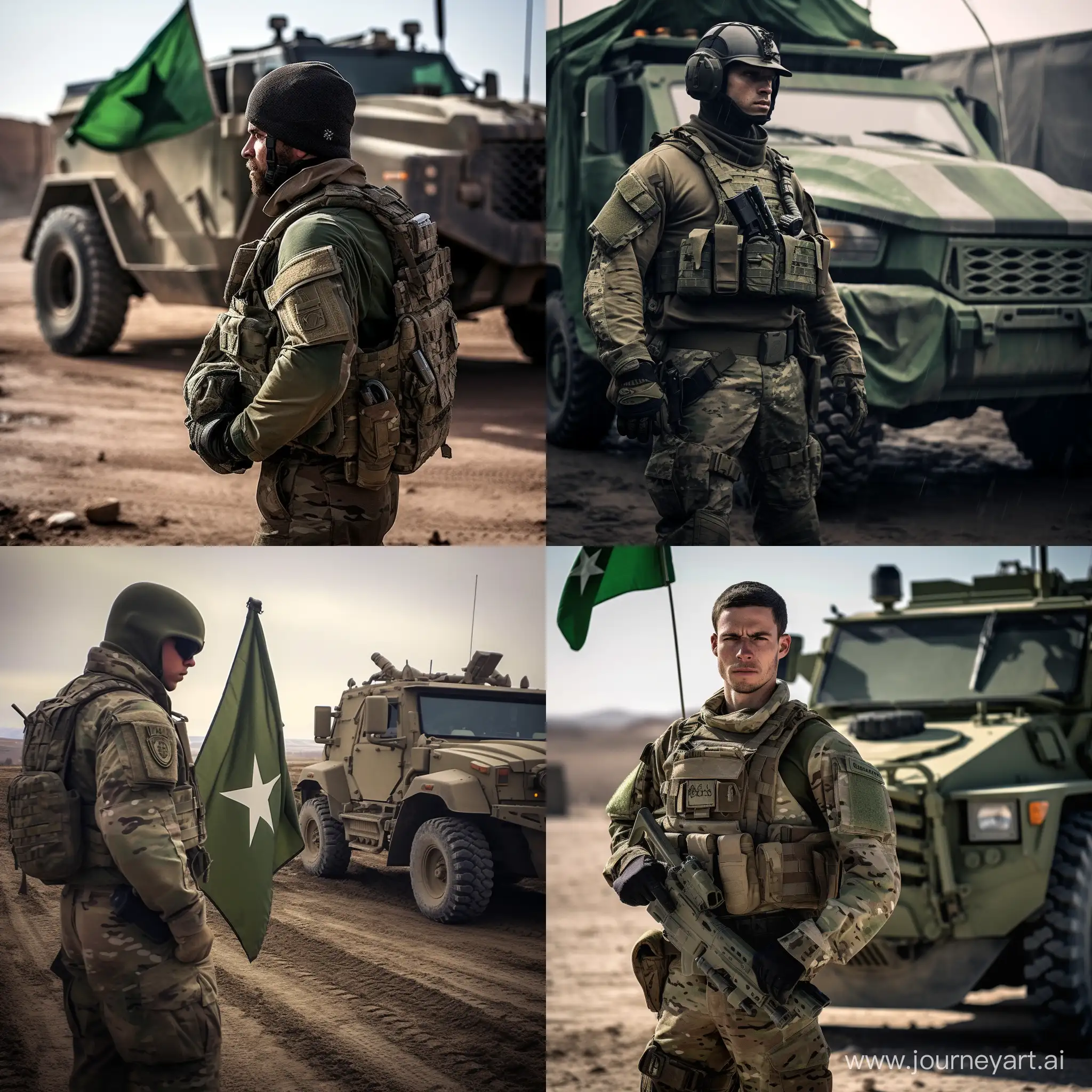 Military-Chevron-Flagbearer-beside-Armored-Vehicle