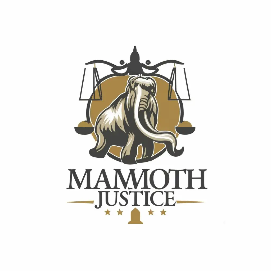 logo, Mammoth with Courthouse in the background, with the text "Mamoth Justice", typography, be used in Legal industry