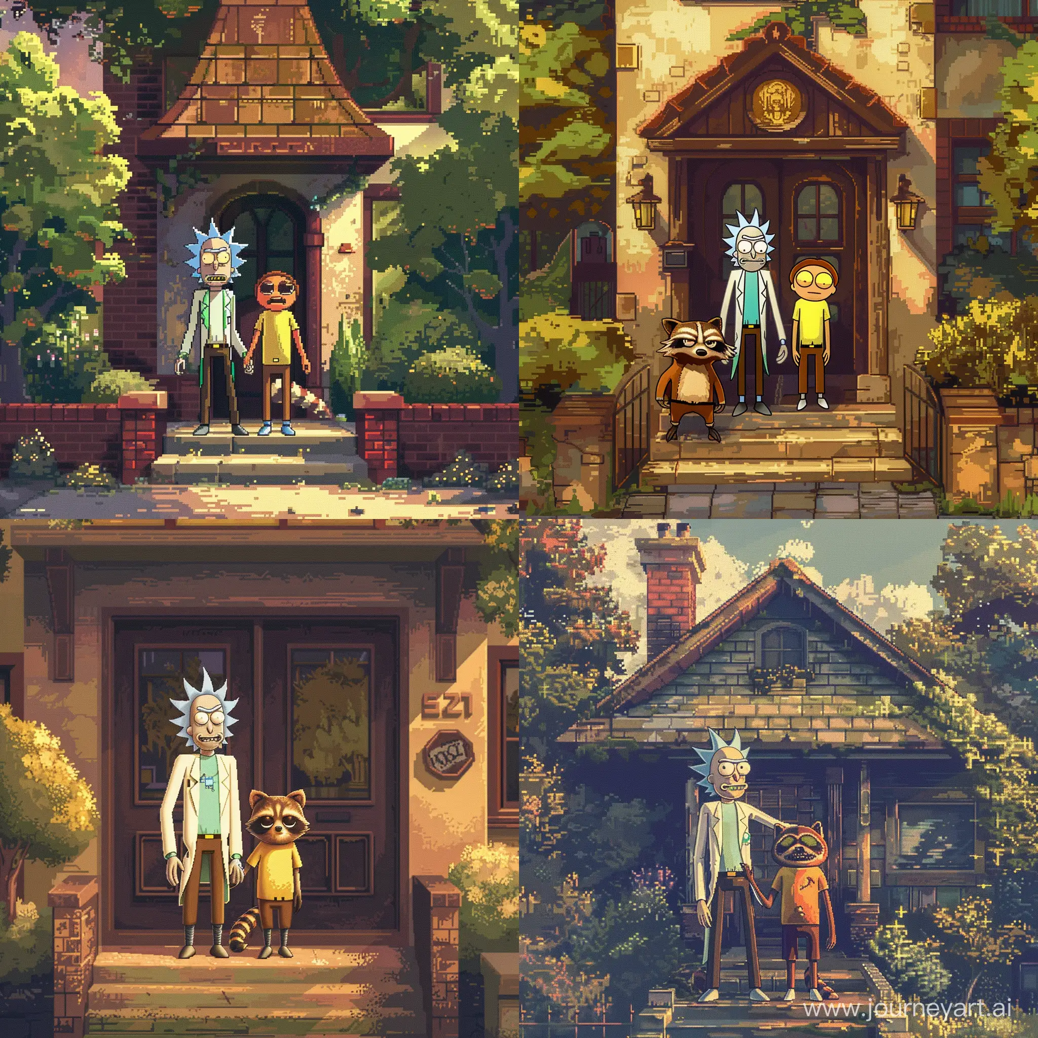 Raccoonized-Rick-and-Morty-Pixel-Art-Standing-on-House-Threshold
