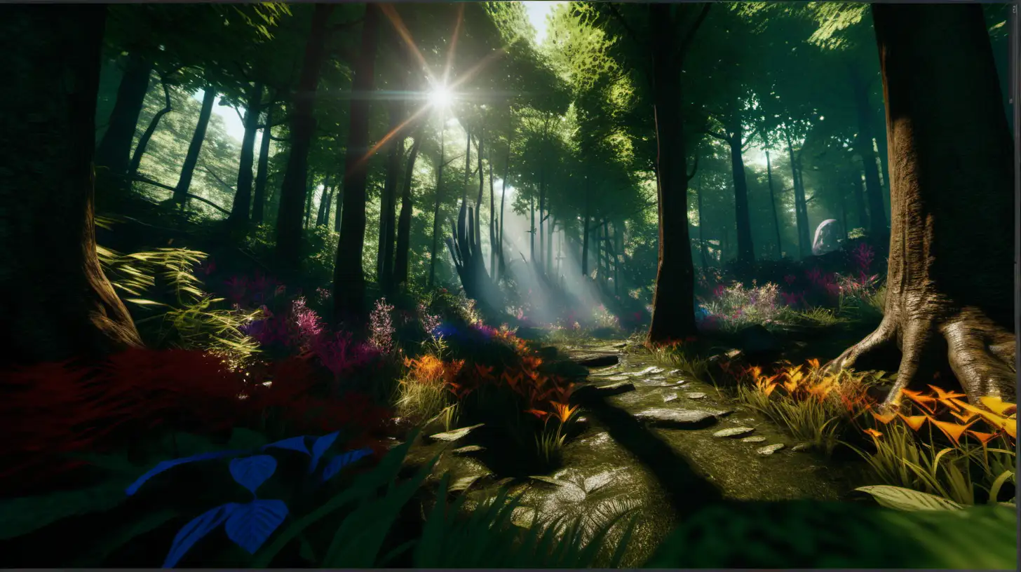 /imagine prompt: realistic, personality: [Capture a shot of the magical forest, with sunlight streaming through the trees. The vibrant flora and fauna come to life, creating a spectacle of colors and movement. The camera slowly pans across the scene, showcasing the beauty and enchantment of the forest] unreal engine, hyper real --q 2 --v 5.2 --ar 16:9