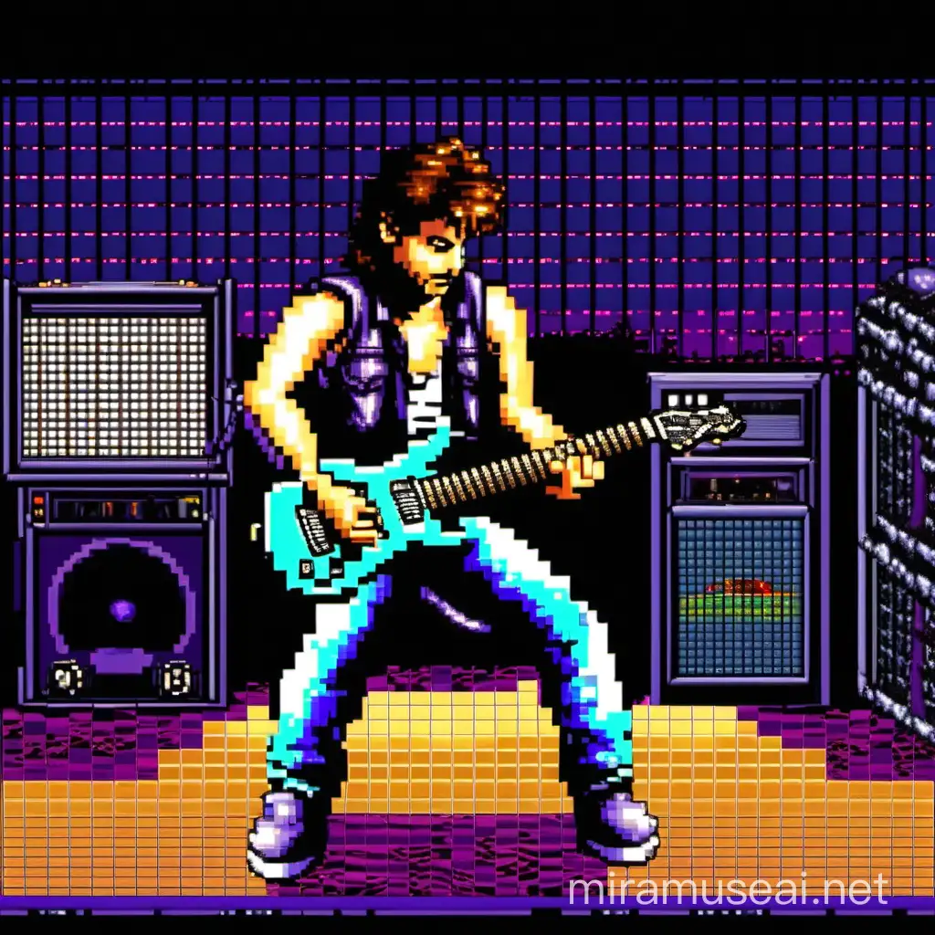 Retro Pixelated Guitarist Rocking Out in Nighttime Sega Genesis Style