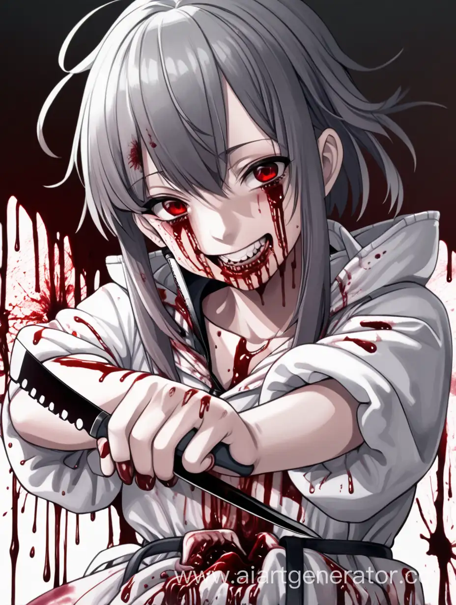 Аниме девушка в крови и с ножом жутко улыбается