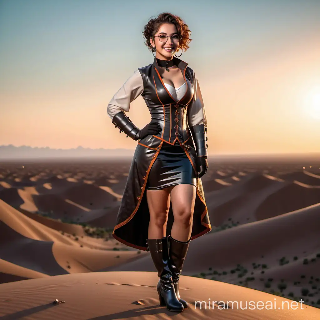 PostApocalyptic Teen with Exotic Beauty and 80s Steampunk Style in Sunset Landscape