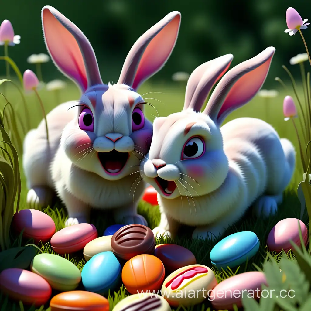 кролики играют в прятки на полянке с конфетами