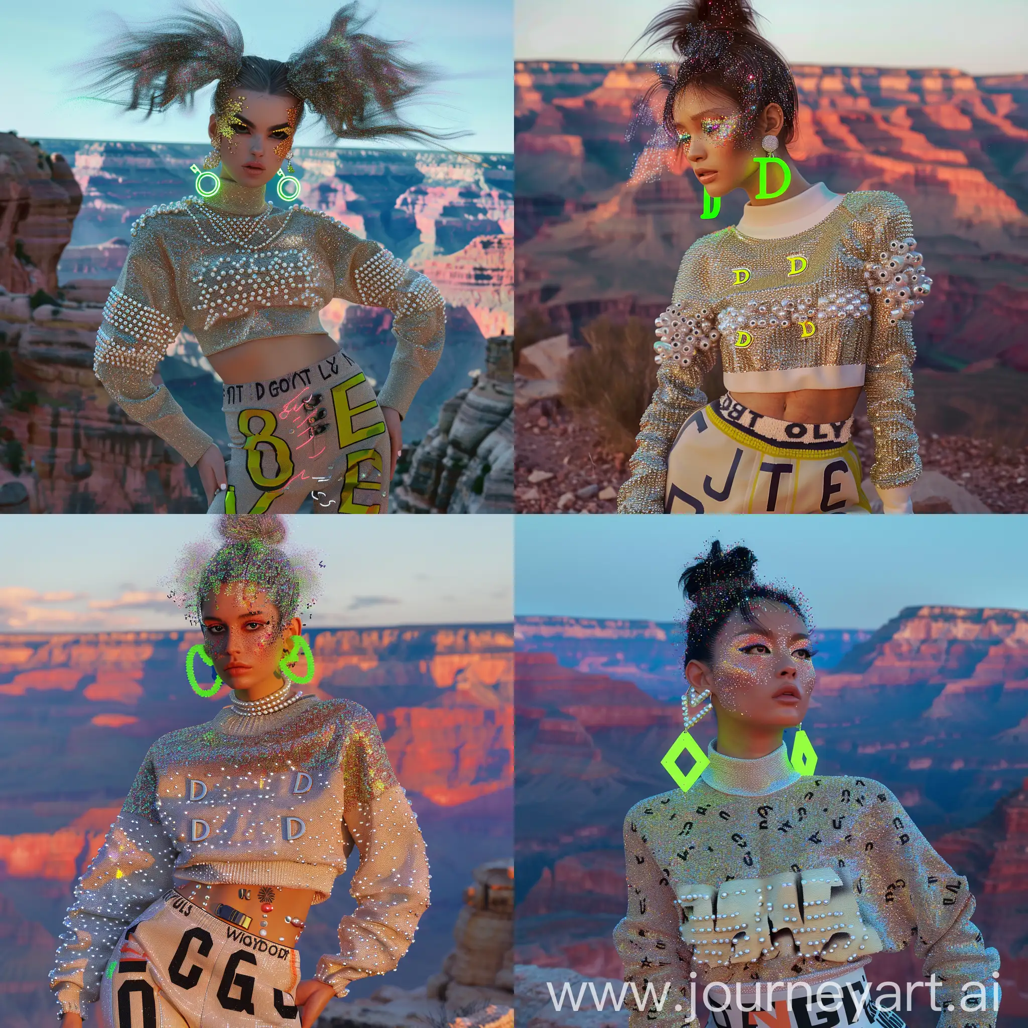 Crea foto di modella con capelli pieni di glitter, orecchini a forma di D, make up glitter neon, maglia con perle, pantaloni sportivi con lettere, sfondo Gran Canyon, realistica, foto intera, corpo intero, alta qualità, 8k