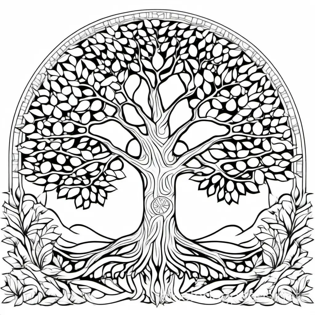 tree of life, Coloring Page, black and white, line art, white background, Simplicity, Ample White Space. The background of the coloring page is plain white to make it easy for young children to color within the lines. The outlines of all the subjects are easy to distinguish, making it simple for kids to color without too much difficulty