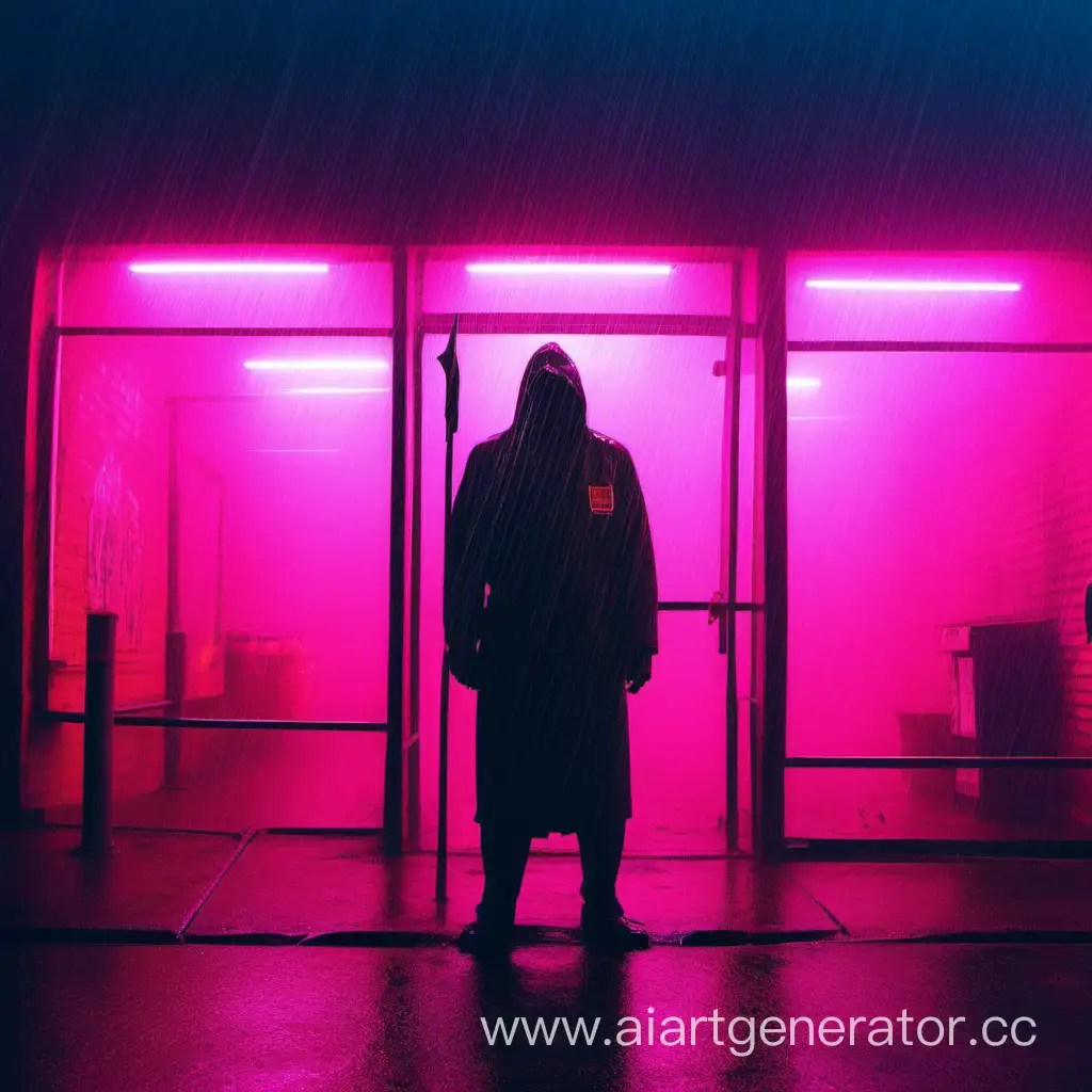 strange guard, neon, rain, fog