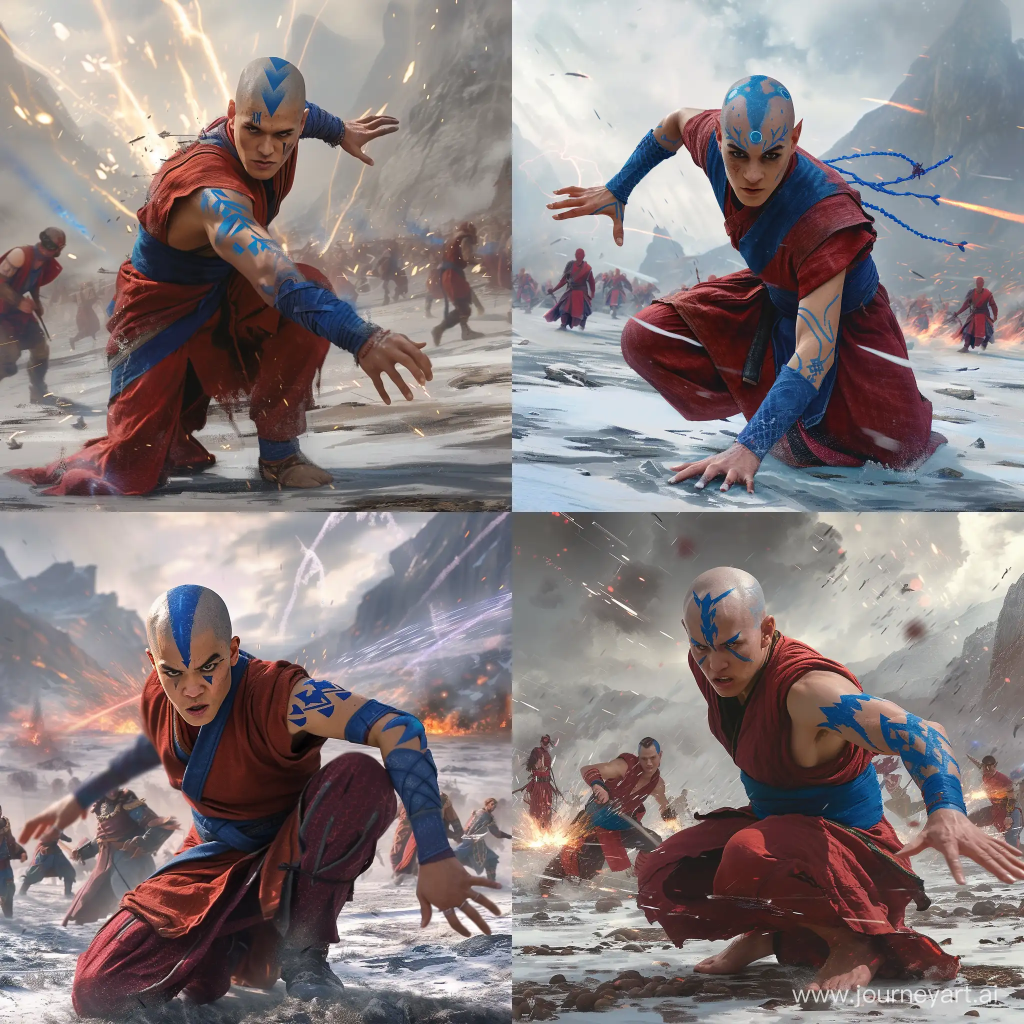 intense and dynamic fantasy battle scene. At the forefront, there's a character who appears to be a warrior or mage with distinctive blue arrow tattoos on his bald head and similar blue markings on his arms and body. They are dressed in red and blue garments which suggest a mix of monk-like and combat-oriented attire.

The warrior is crouching on one knee with one hand extended forward in a gesture that seems like they're either controlling or about to unleash some form of mystical power. Their expression is one of deep focus or determination.

In the background, multiple individuals are engaged in what looks to be a large-scale conflict, indicating that this character is possibly a key figure within this skirmish. The atmosphere is cold and bleak, suggested by the snow-covered ground and the mountains in the distance. The sky is tumultuous with a mix of dark clouds and streaks of what could be either lava or magical energy descending upon the battlefield.

The overall aesthetic, including the costumes and the presence of magic, hints that this image could be from a high fantasy genre, likely a film, game, or a promotional concept for a story set in such a universe.