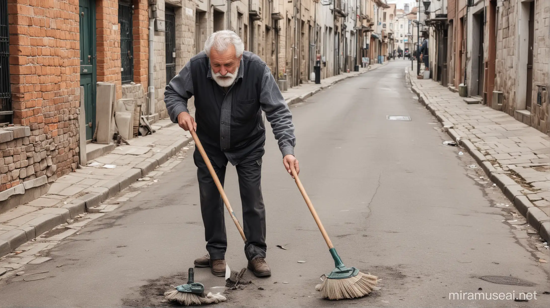 Hombre mayor, con pelo gris y barba gris limpia una calle antigua.