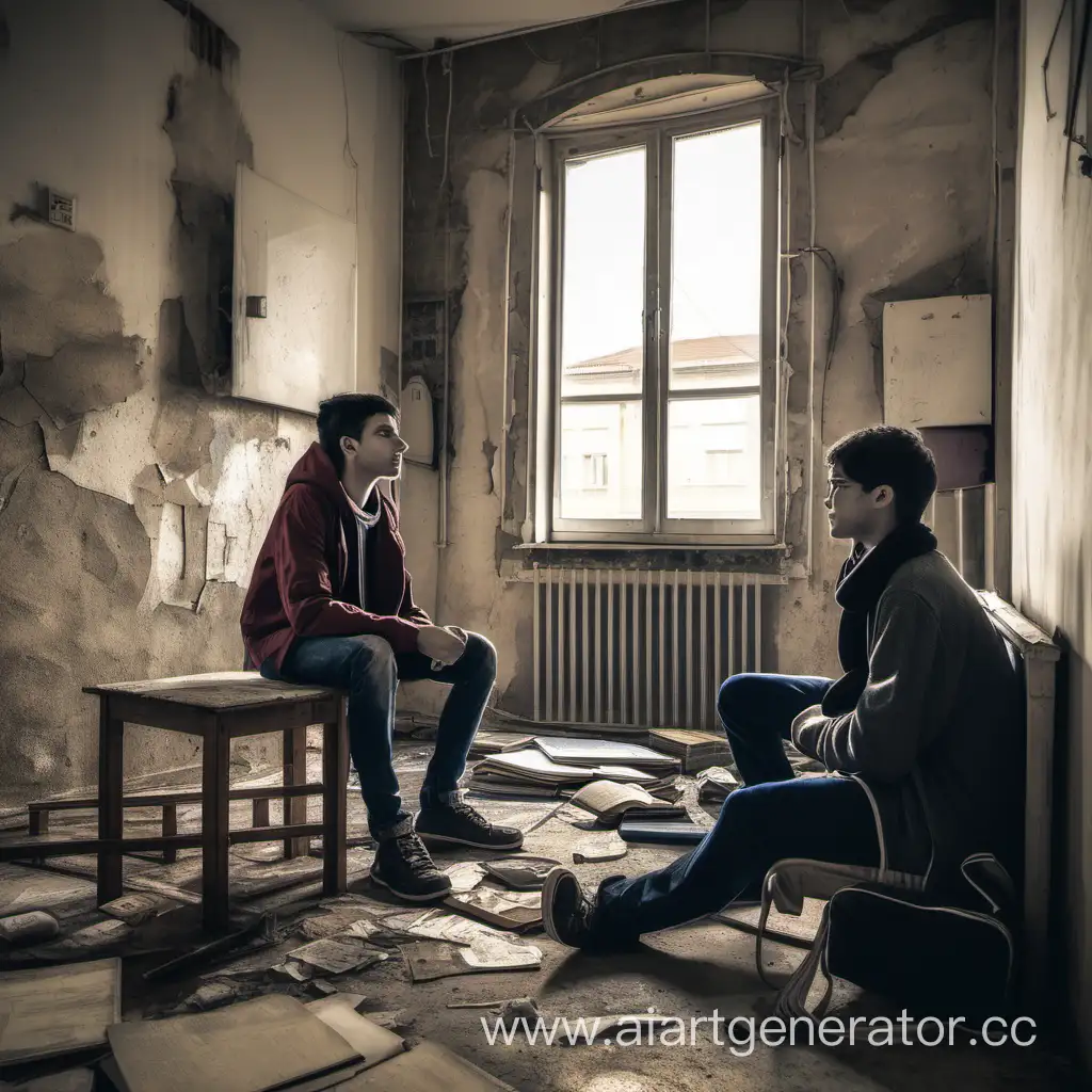 Два студента общаются в очень старой и грязной квартире