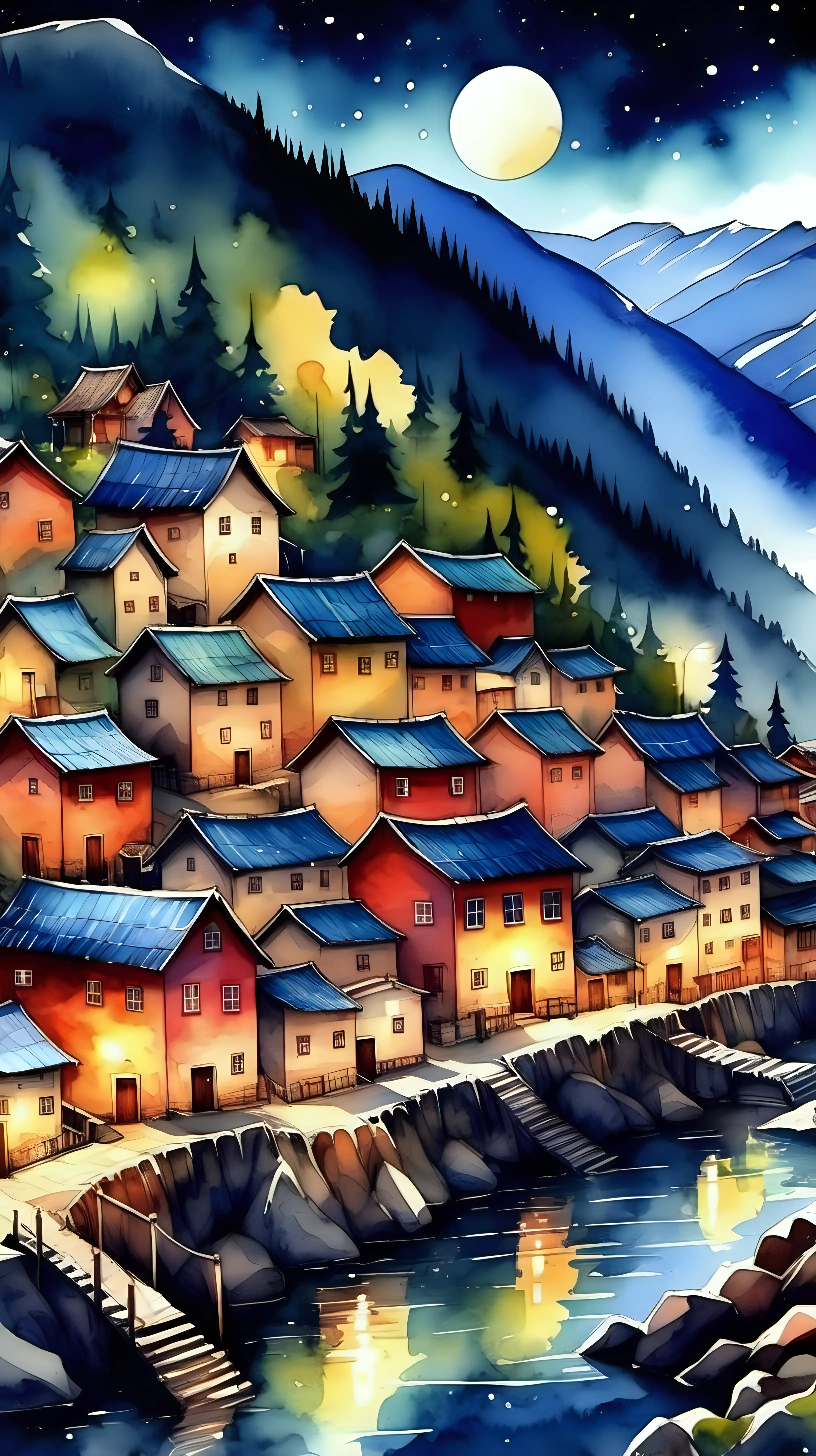 very detailed image of a village, beautiful village in the mountains, use watercolor style, bright vibrant colors, nigh time