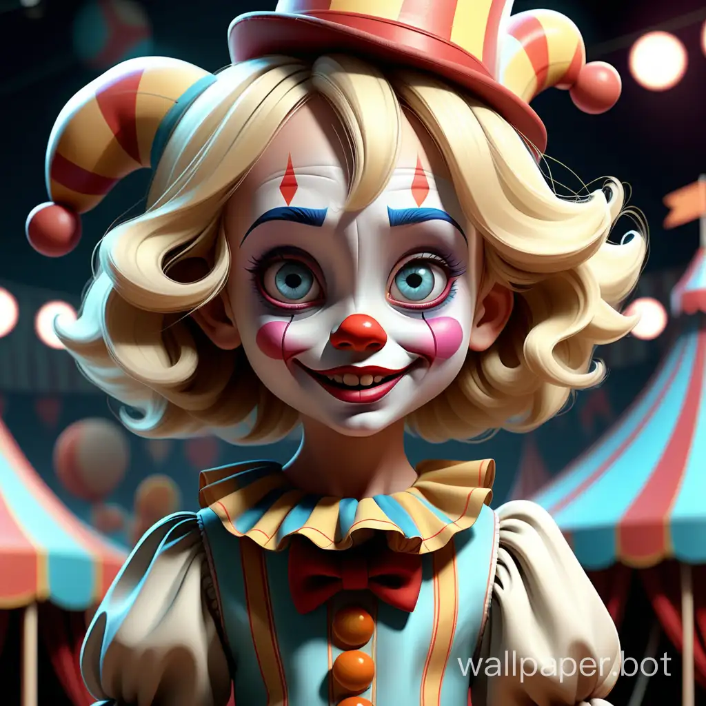 Disney style. Children's world. Narrative illustration. Realistic aesthetically pleasing cartoon Character - Cute playful blonde Girl 5 years old. in the circus as a clown. detailed reflecting eyes, clothing is detailed. everything is anatomically and geometrically proportional. Emotional. clarity. soft colors, hyper-detailing, sharpness elegant extremely detailed 8k very attractive beautiful matte high-definition background)