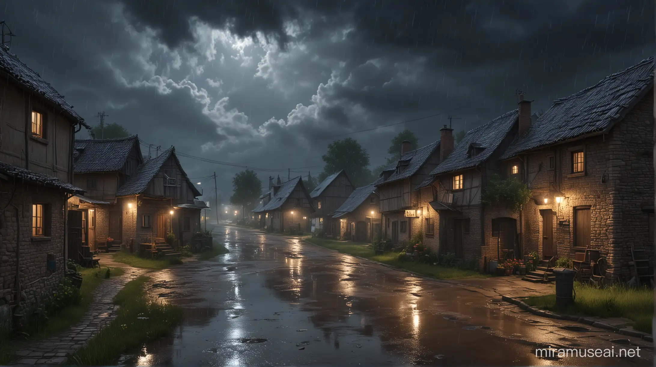 Rainy Night Village Scene Realistic Atmosphere
