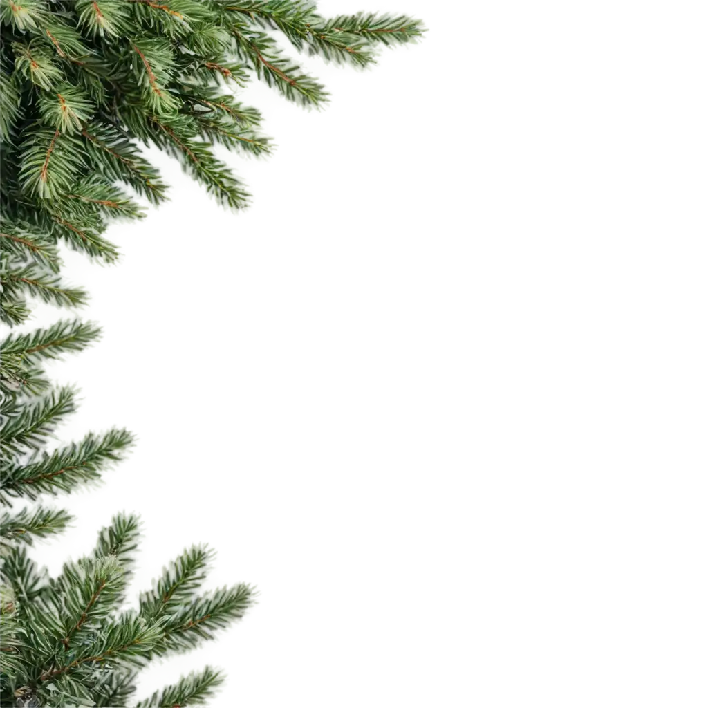 a photography of a fluffy fir branches peeking out of the corner of the frame on a white background, the other corner has an empty space, photorealistic, top view, photorealistic, made on a Canon camera 50mm