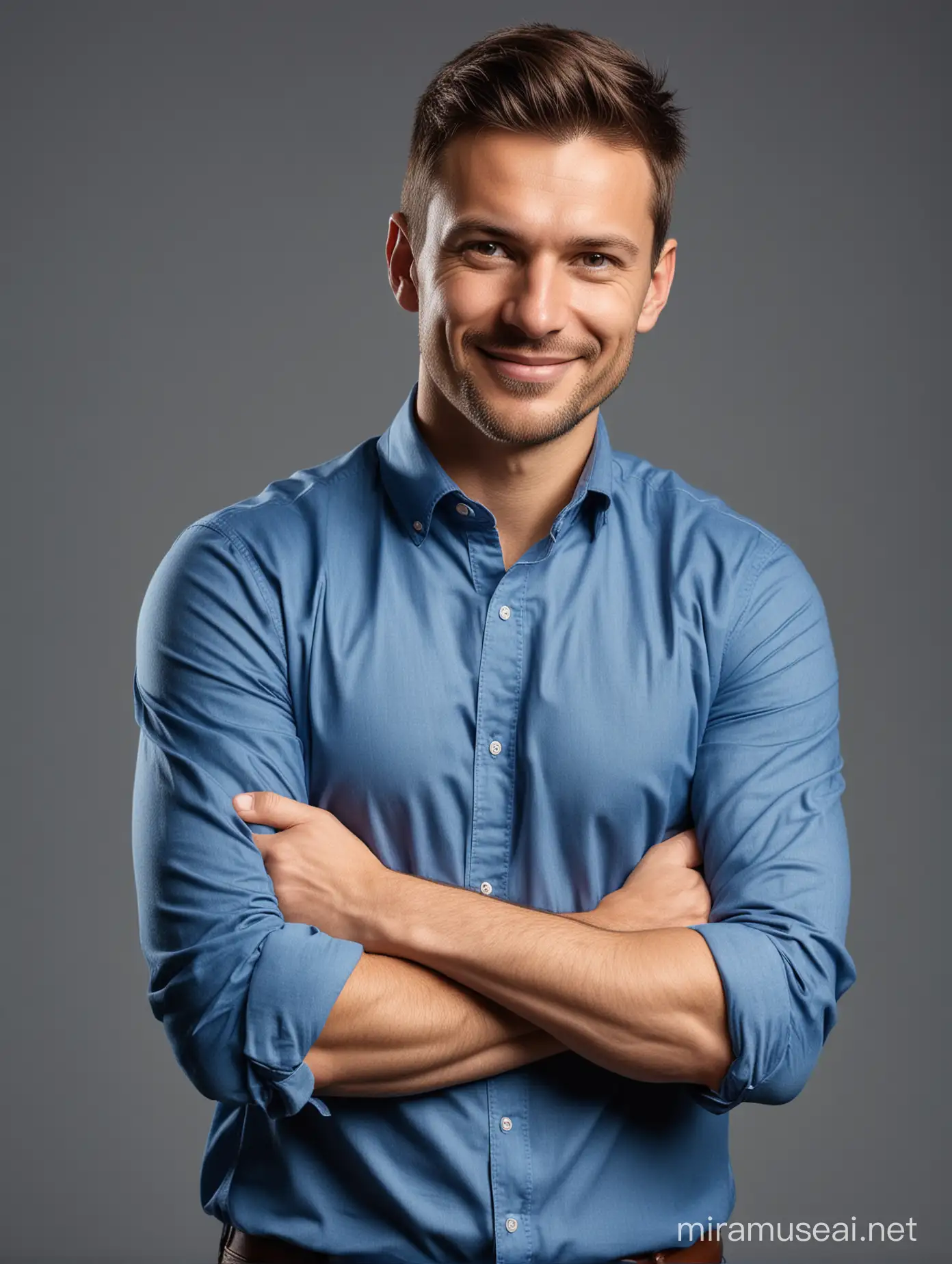 business photography of the full body of a man in a blue shirt, with his arms crossed on his chest. a confident and smiling Polish man without retouching and without facial hair shot canon 50mm

