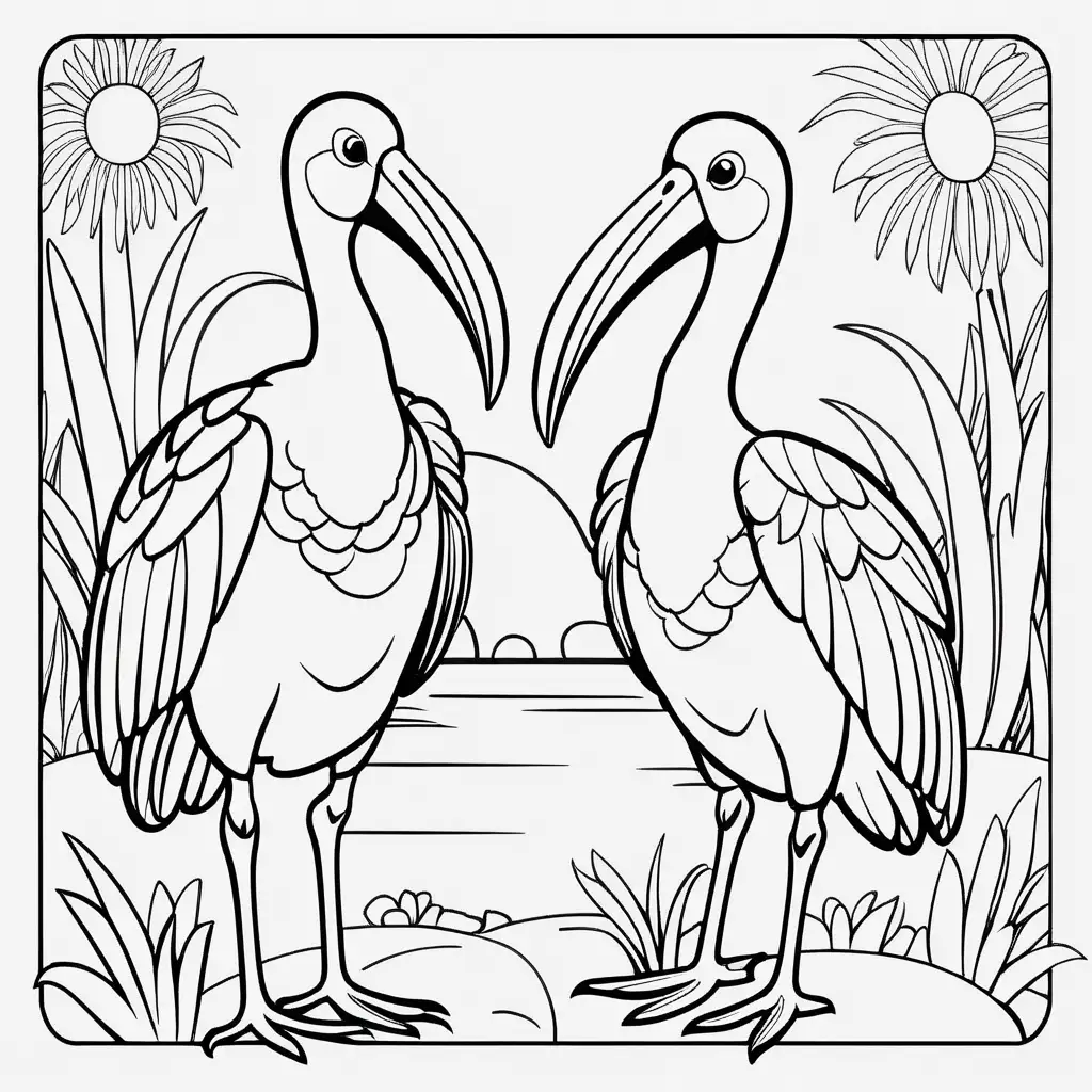 Create a coloring book page for 1 to 4 year olds. A simple cartoon cute smiling friendly faced ibis and its friendly faced parents with bold outlines in their native enviroment. The image should have no shading or block colors and no background, make sure the animal fits in the picture fully and just clear lines for coloring. make all images with more cartoon faces and smiling