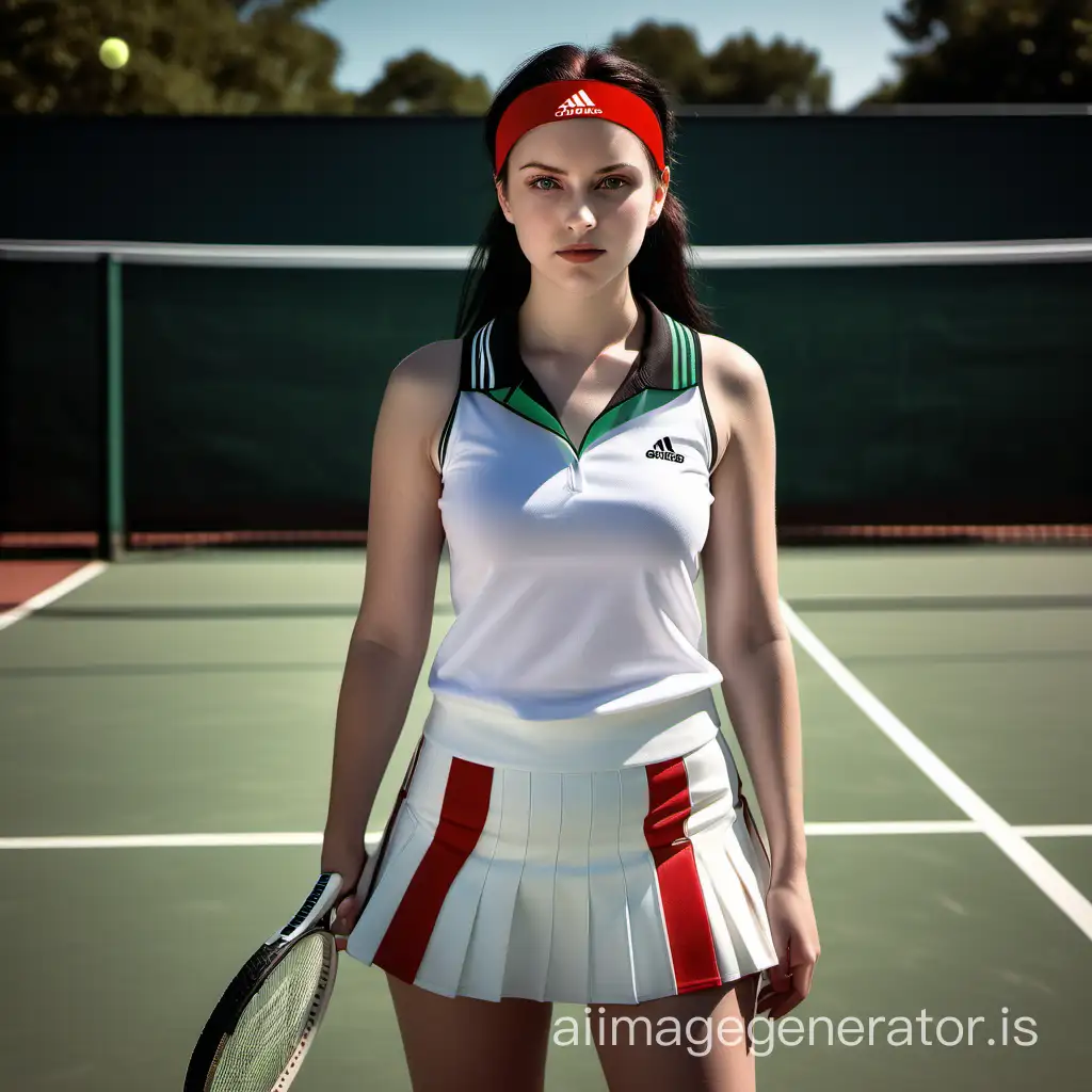 A girl, exotic white skin, long black hair, green eyes, reddish cheeks, is on the tennis court, wearing a headband that says ADIDAS, wearing a white sleeveless shirt with red stripes on the edge, with white mini skirt, white sneakers, looking at the viewers, pretty face, photorealistic, realism, highly detailed, best quality, raw photo, professional photography, masterpiece, long shot, full body shot, cinematic tones, sunny, diffused lighting, shot with Canon Eos R6, lens 50 mm f 1.4