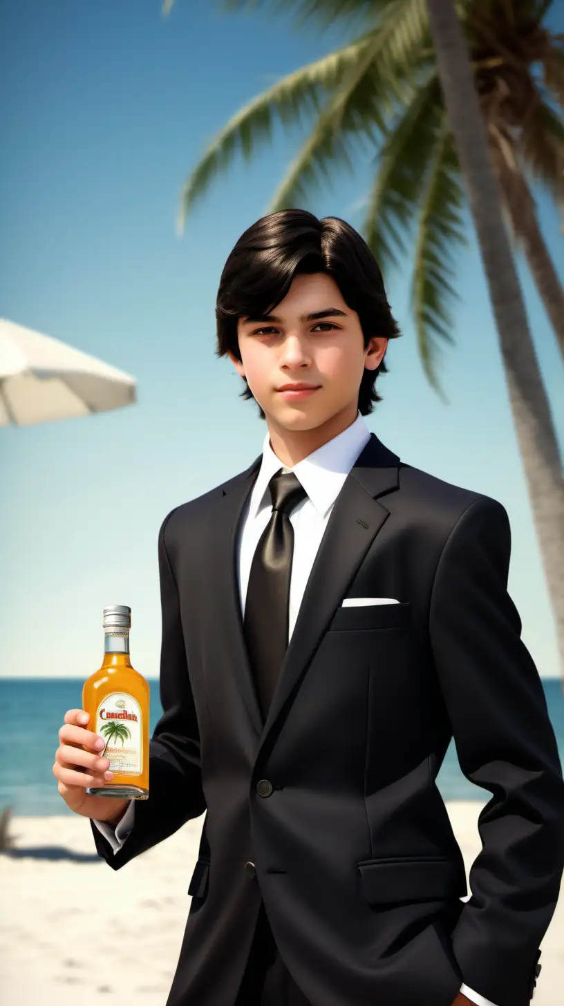 Generate a photorealistic image of a Caucasian teenage boy with dark, close-to-black hair, dressed in an elegant business suit complete with a tie and pocket handkerchief, maintaining a business-like demeanor. Place this boy on a beach setting with palm trees in the background, where he is standing while dressed in the formal attire and holding a bottle of tequila. Ensure that the beach scene captures both the formality of his attire and the relaxed atmosphere of the beach. Pay attention to details, lighting, and realism to create an image that blends the business outfit with the beach setting and the tequila bottle.
