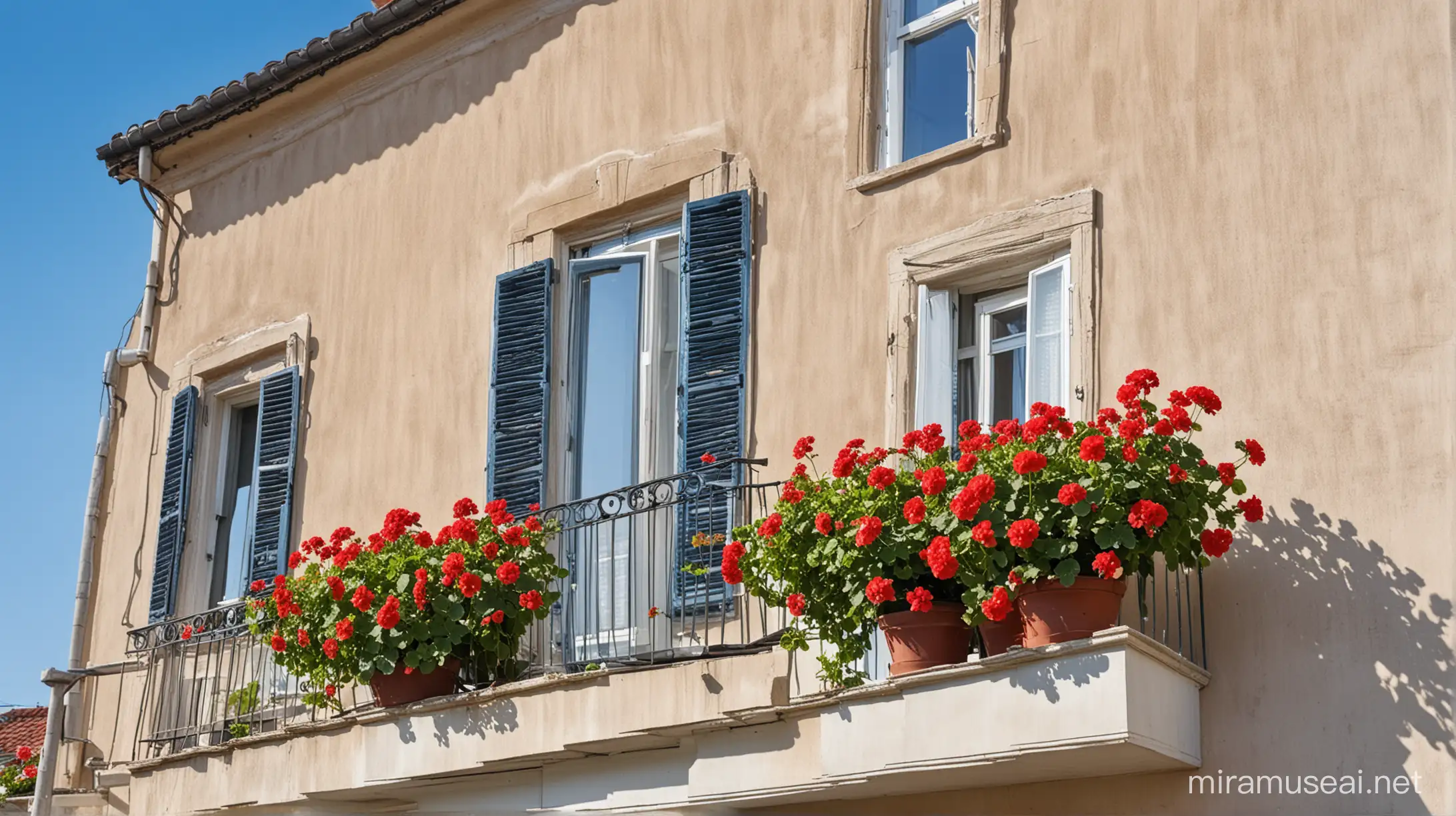 Vibrant Balcony Geraniums Overlooking Blue Sky