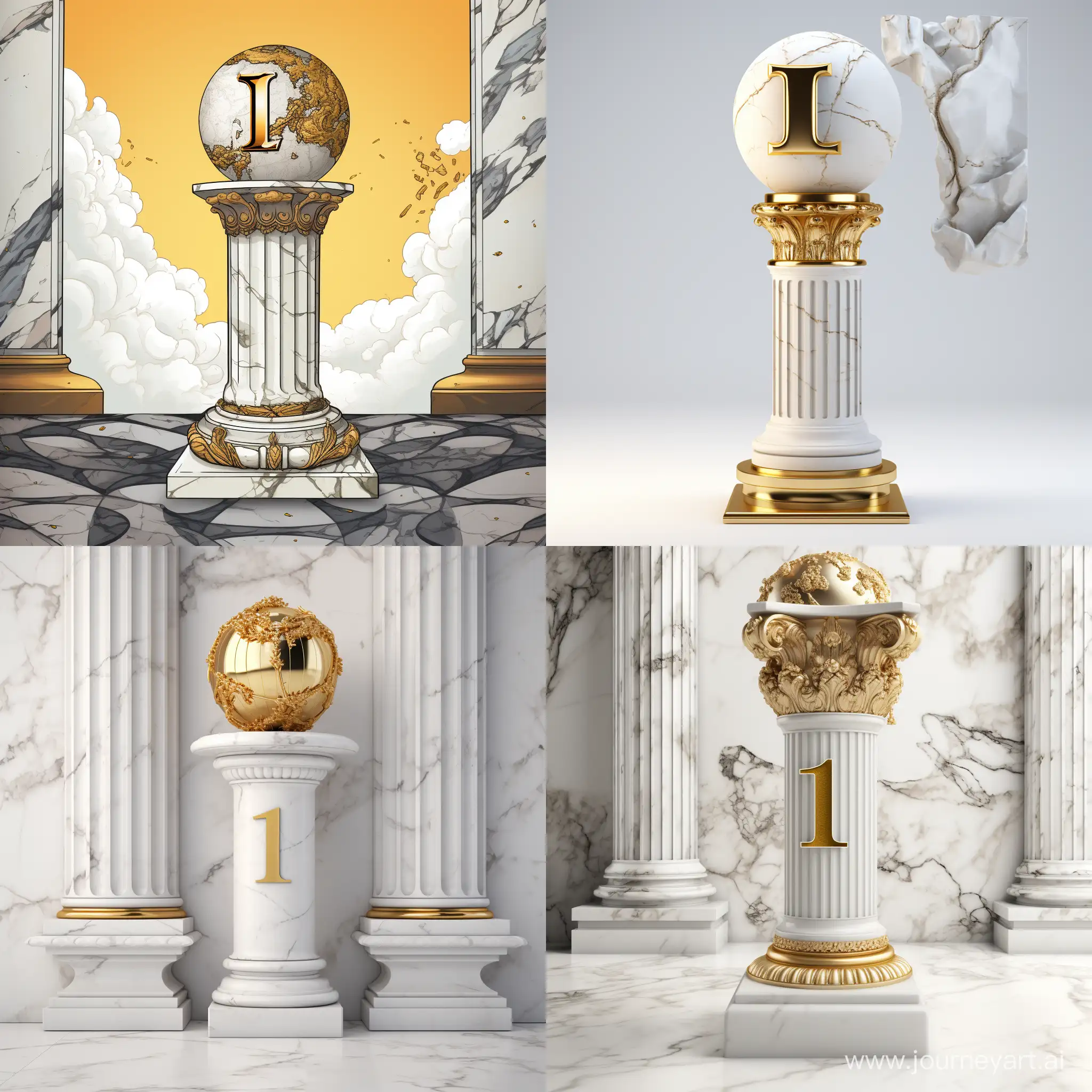 A white marble pillar with a golden globe at the top that forms the letter i in a comic style