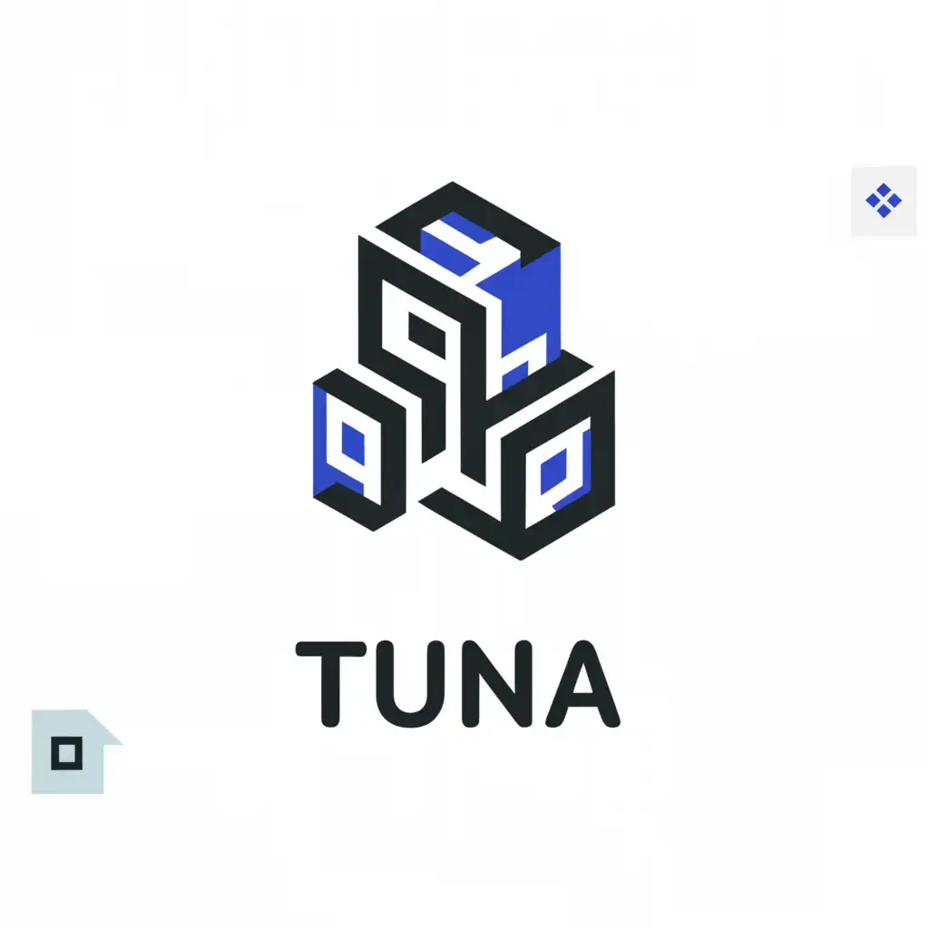a logo design,with the text "TUNA", main symbol:2d  single colour isometric 4  houses intertwined they all are looking at the same direction
,Minimalistic,clear background