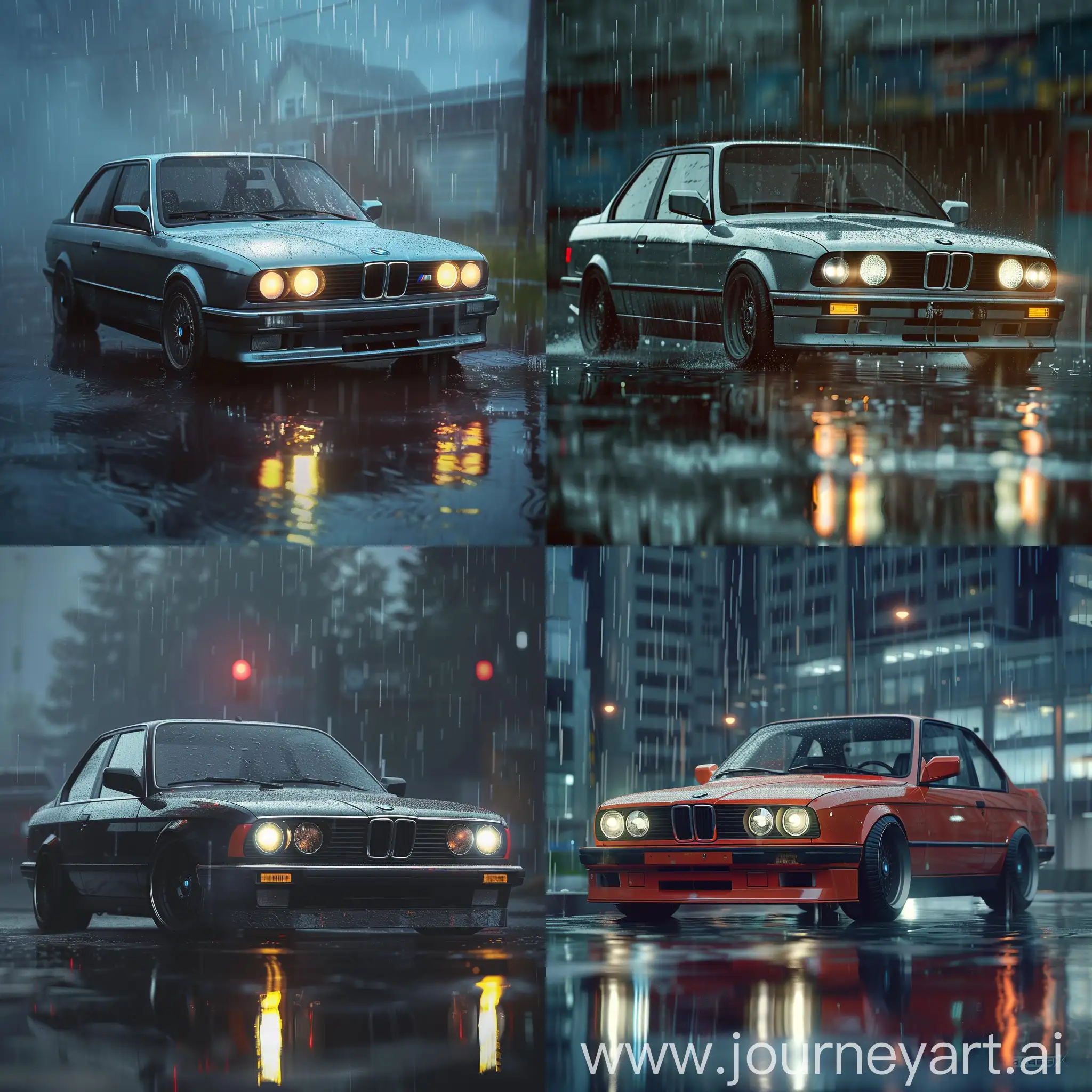 An bmw e30 standing in the rain with the headlights on. hyperrealistic, rtx