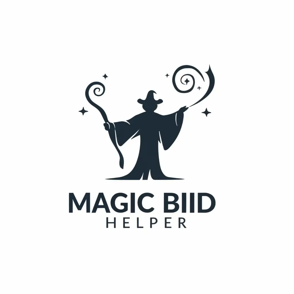 LOGO-Design-for-Magic-Bid-Helper-Wizard-with-Magic-Wand-and-Writing-Symbols-in-Minimalistic-Style-for-Nonprofit-Industry