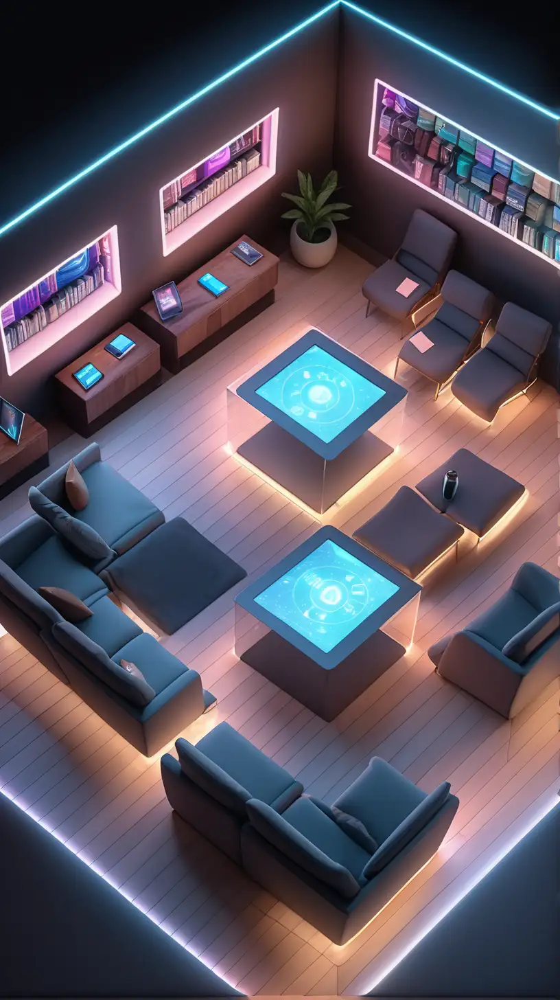 AI Hologram Lounge Lobby with Interactive Digital Books