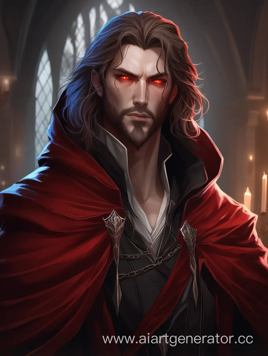 Head and shoulders portrait, WLOP, concept art, 8k, 8k resolution concept art portrait. Thin contours. Thin lines. dynamic lighting. Artgerm. hyperdetailed. Experienced mage. 25-year-old guy. Long chestnut hair cascading down to the shoulders. Goat beard. Red eyes. Dressed in a black and red cloak. Castle interior in the background.