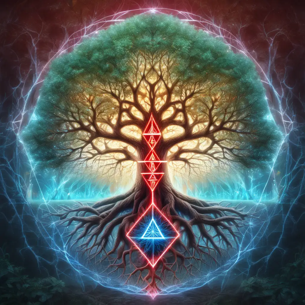 A picture of the tree of life. Starting at the base, there is a yellowish blue electric current that frays out towards the tips of the branches. There is a red triangle in the center of the tree that seems to be the trees life force