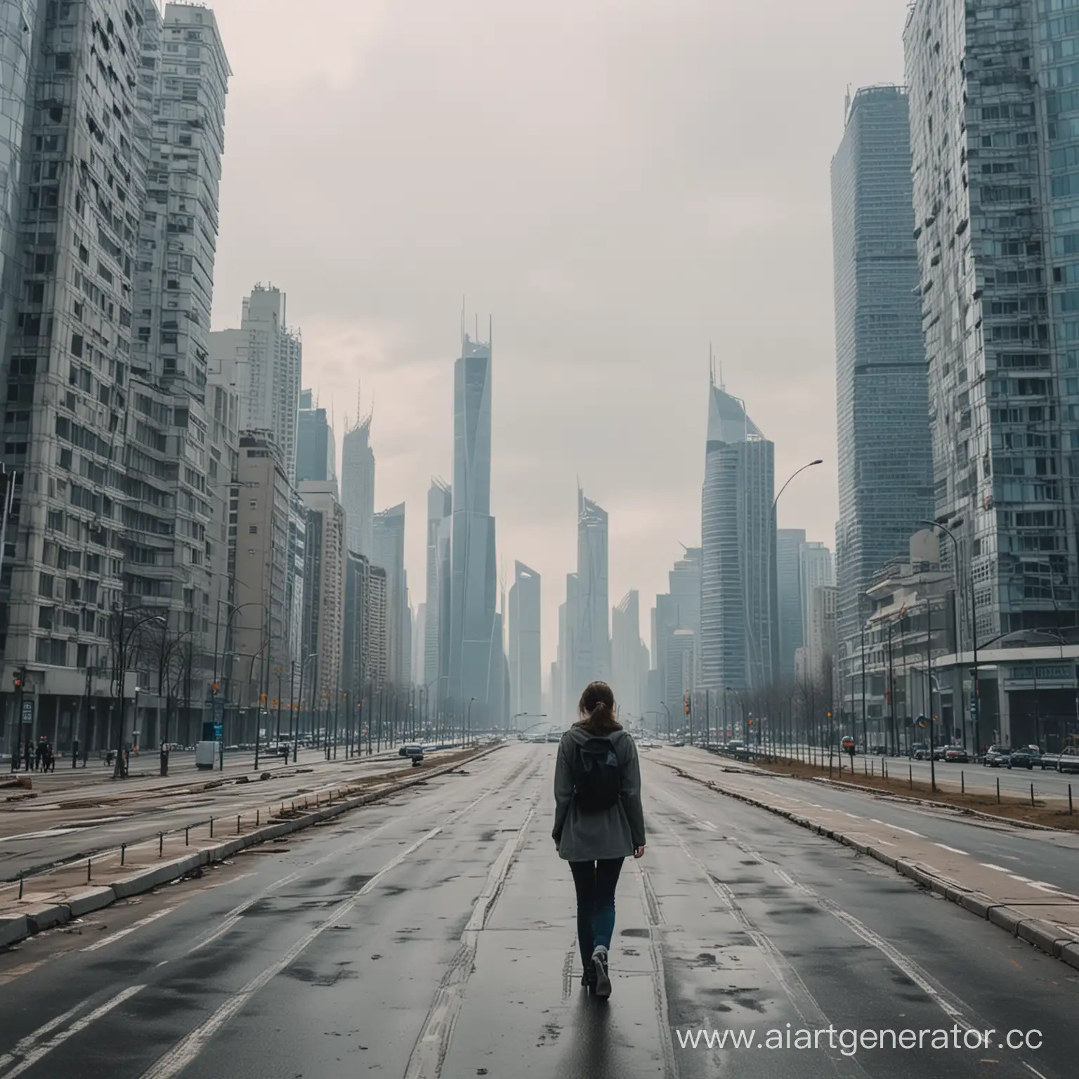 Young-Girl-Walking-Alone-in-Urban-Megapolis-During-Daytime