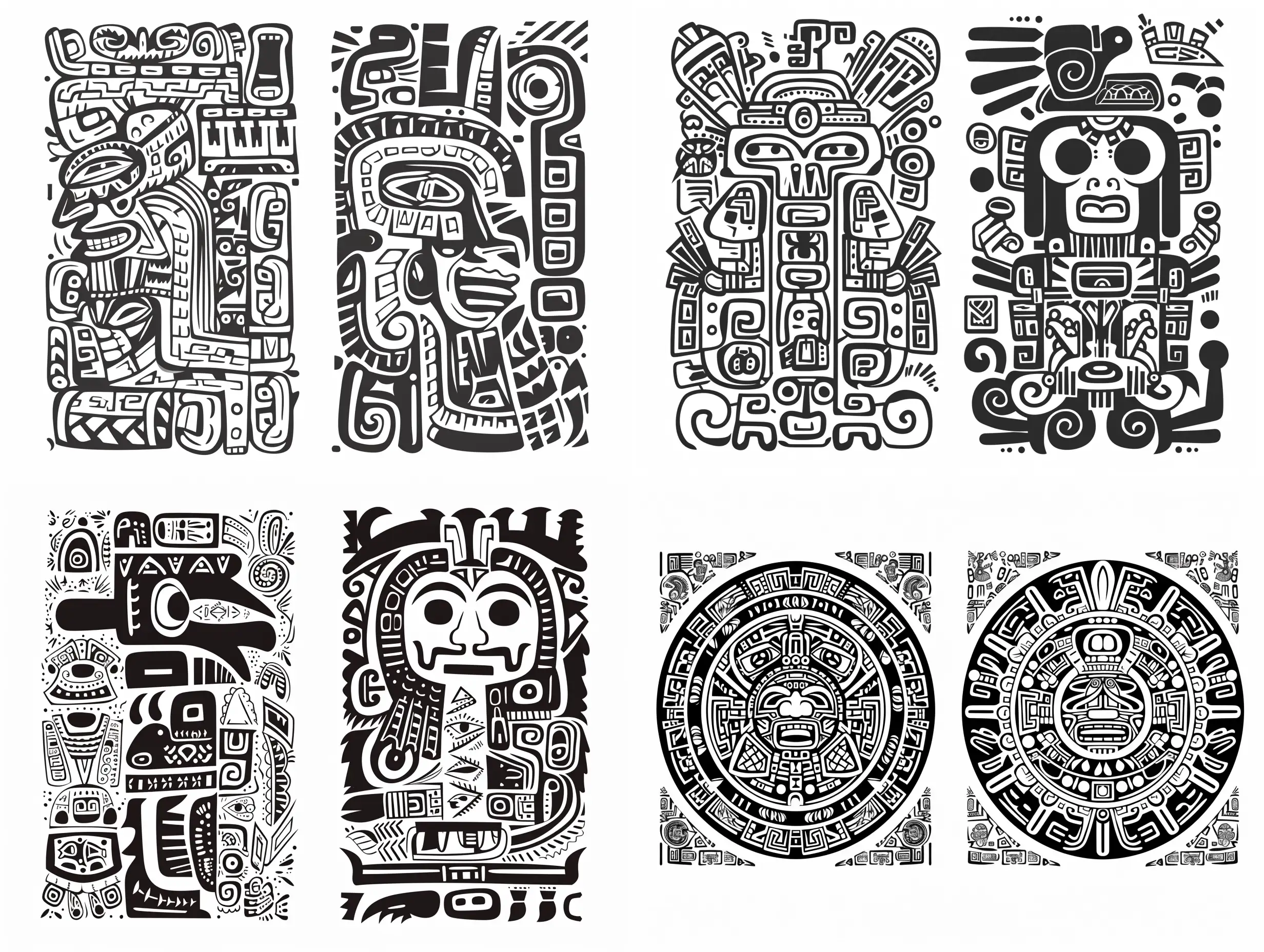 Two background options of ancient Aztec letters, symbols, vector, thin lines, lots of details, stylized caricature, black on white background, decorative, flat drawing