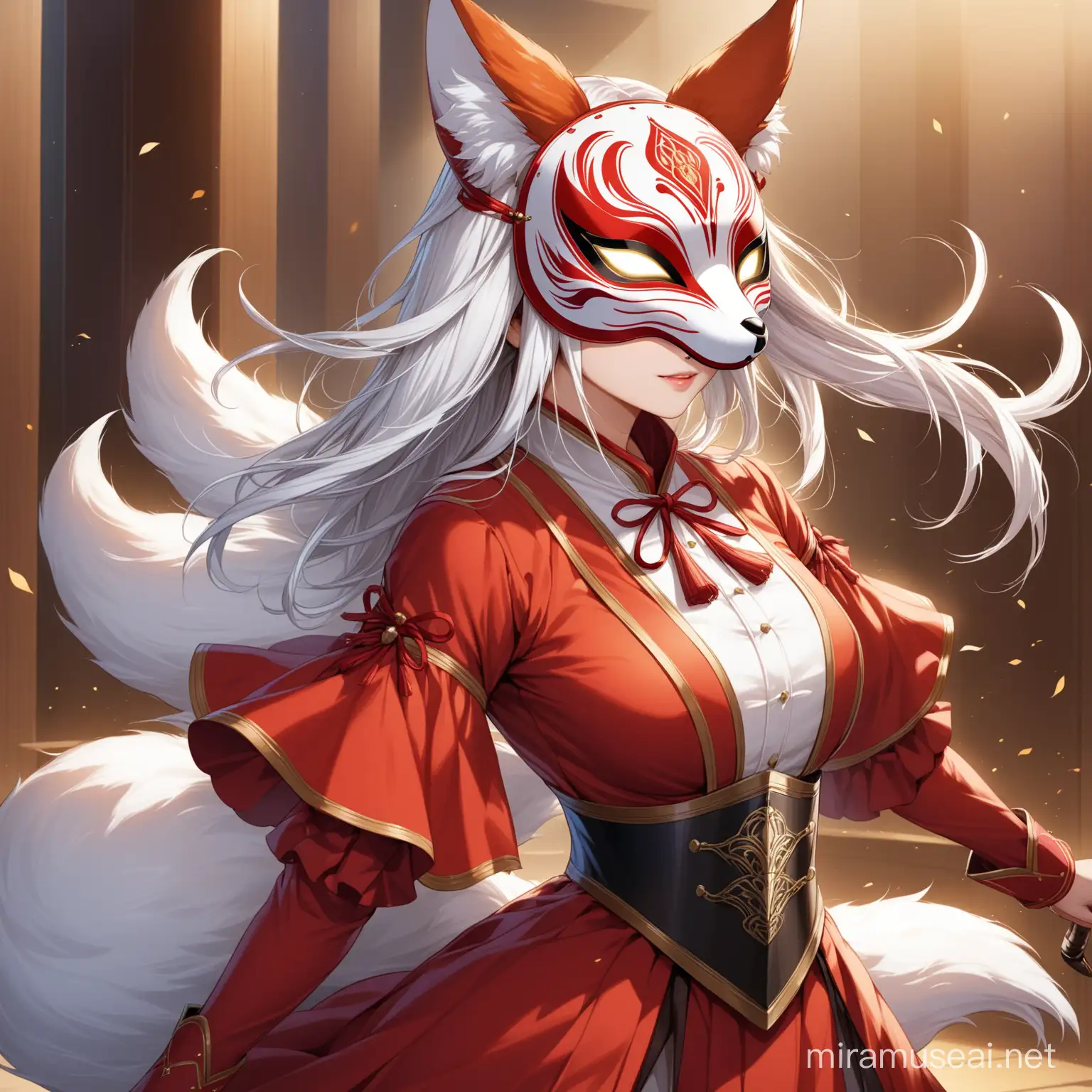(((masterpiece))), best quality, expressive eyes, perfect face, woman in a fox mask, Noble woman duelist wearing fox furri mask, 