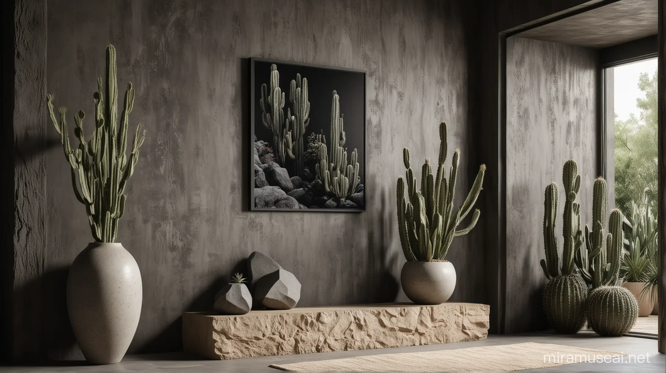 A gorgeous black wall contemporary close up framed black poster mockup with a minimal but rustic interior design including stairs and entrance hall, huge stone elements, including a contemporary Wabi Sabi huge vase in white sand finish as decoration with huge cactus, huge windows in the magazine style of ARCHITECTURAL DIGEST, a high quality architectural visualization, using 3D modeling software with photorealistic materials and advanced lighting techniques to showcase the intricate details and modern look of the room