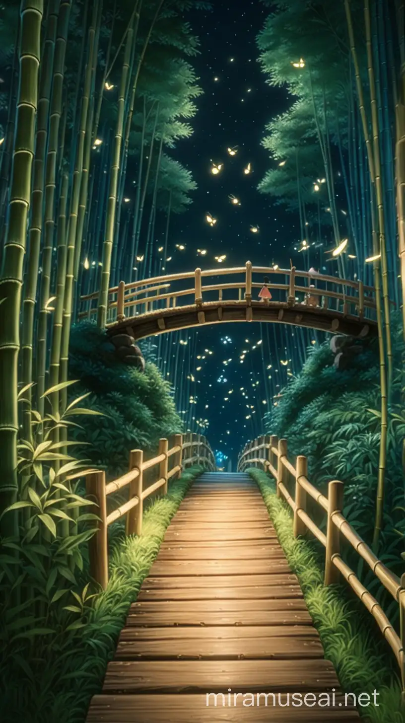 Studio Ghibli, An 8k rustic wooden bridge leading through a bamboo forest at night. Fireflies dance around the bridge, casting a soft, ethereal glow. " (This incorporates a beautiful setting with an art style that evokes peacefulness.)