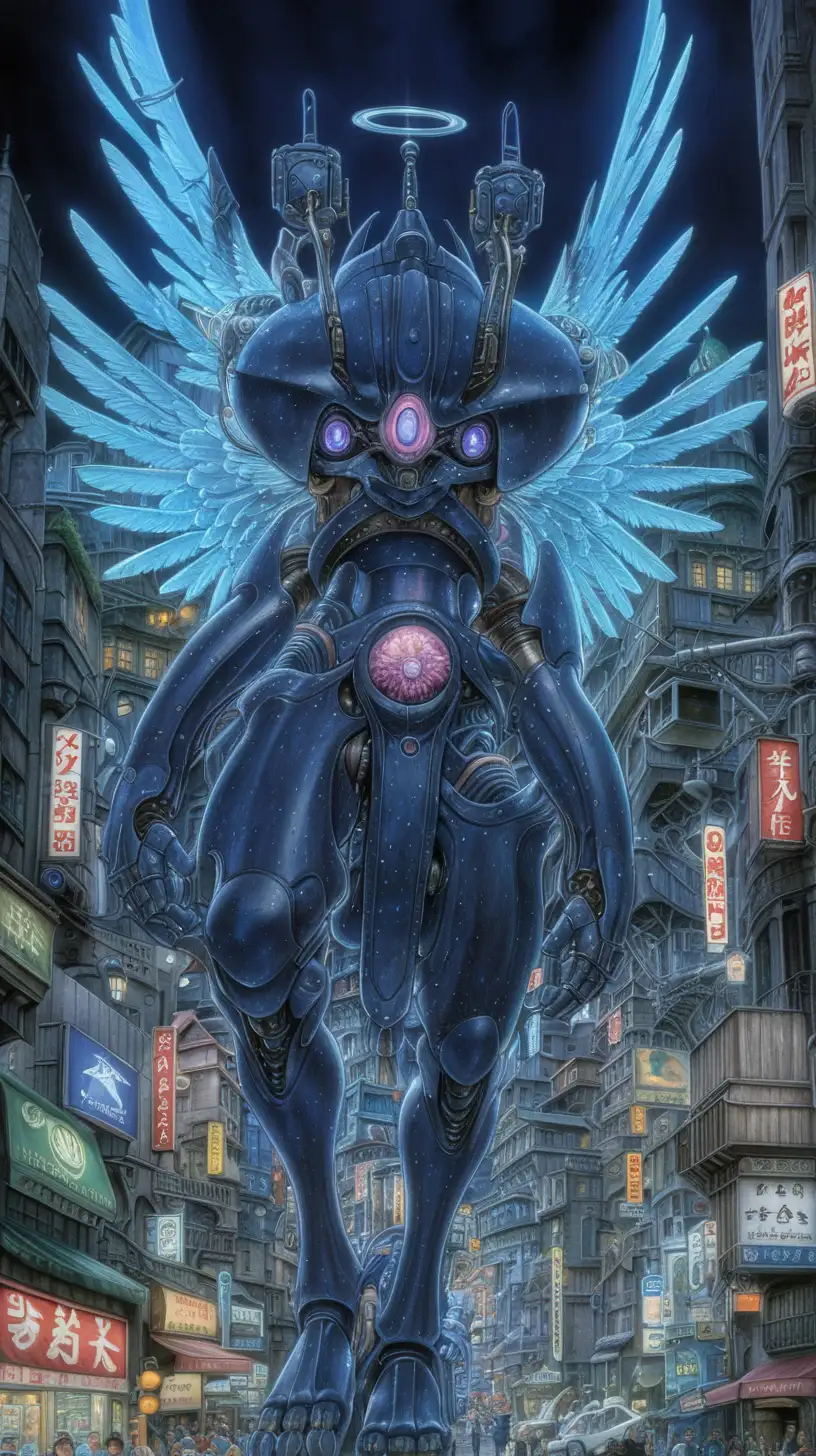Dark Fantasy Biomechanical Cityscape with Angel and Sapphire Slides