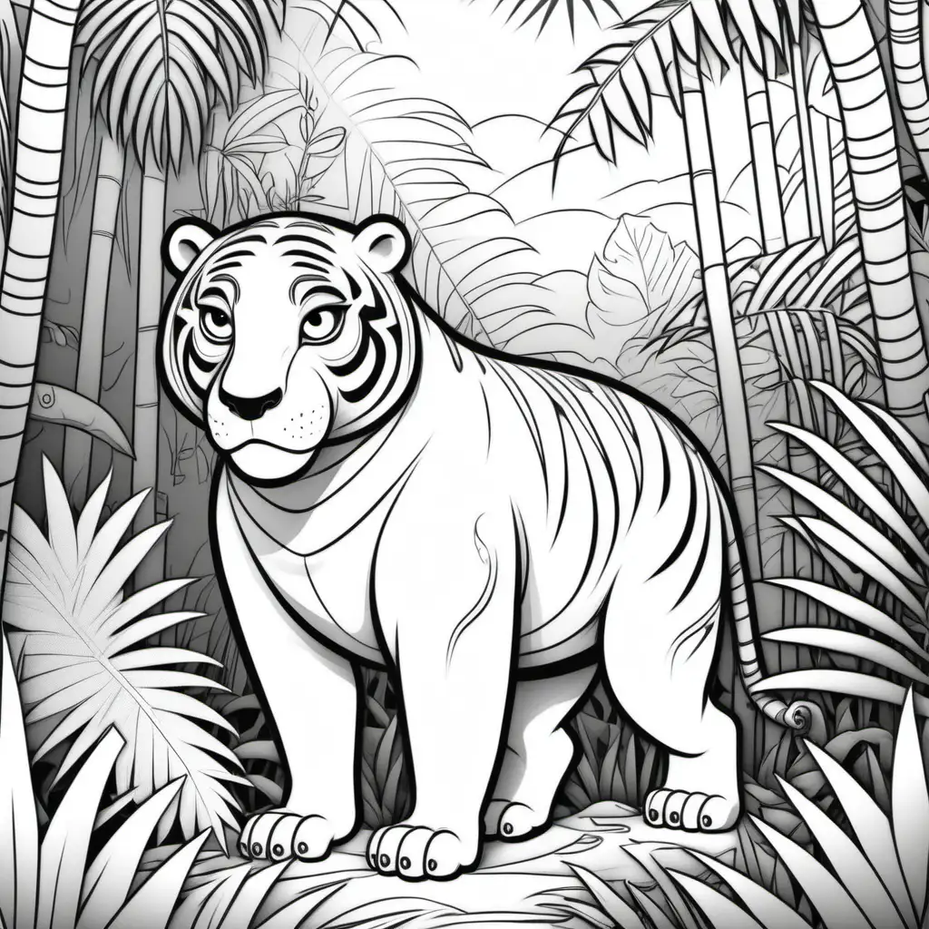 colouring page, cartoon style, thick lines, low detail, no shading, hyppo in the jungle