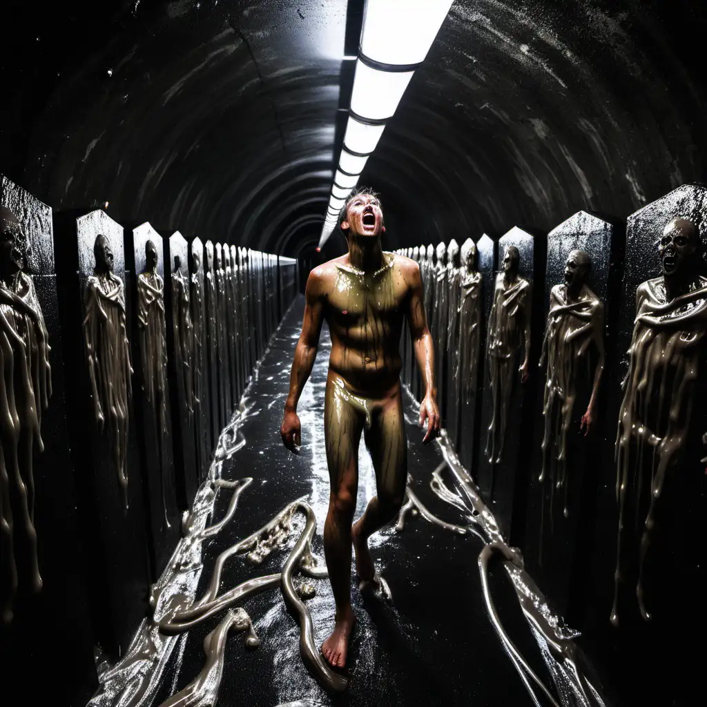 Fearful Man Covered in Goo Navigating Endless Coffin Corridor