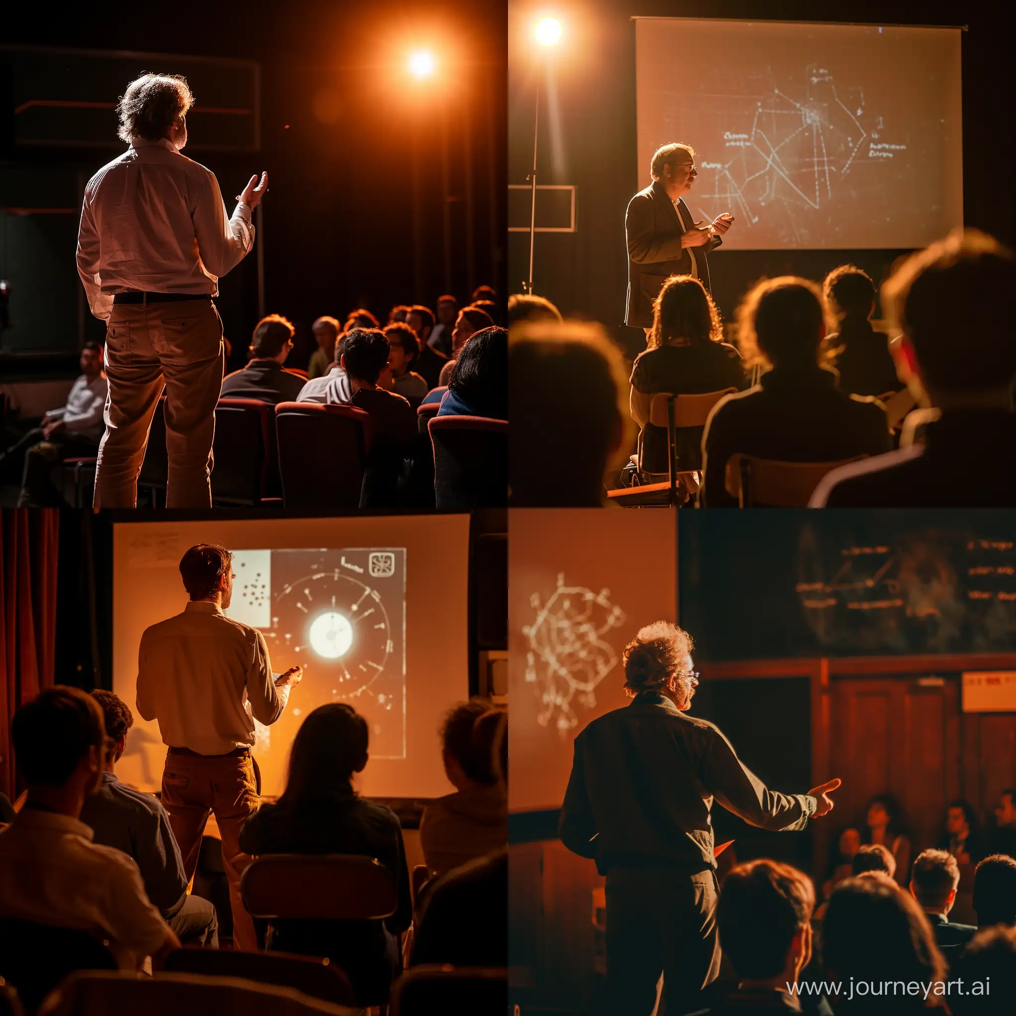 a physicist on stage explaining a theory that upends understanding, with audience in awe, but subtle; mood is of discovery, shot from behind, warm tones, 50 mm lens