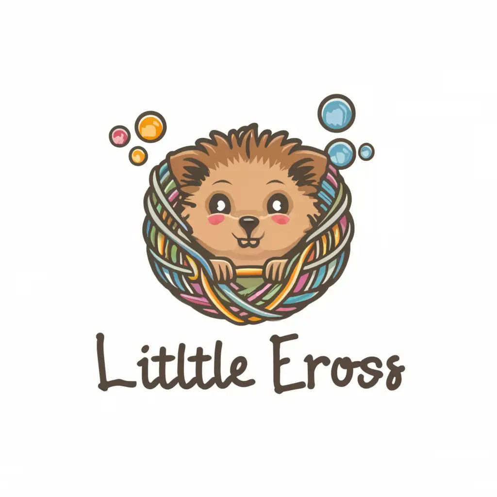a logo design,with the text "little Eros", main symbol:skein of yarn, crochet hook, thimble, hedgehog, soap bubbles,Moderate,clear background
