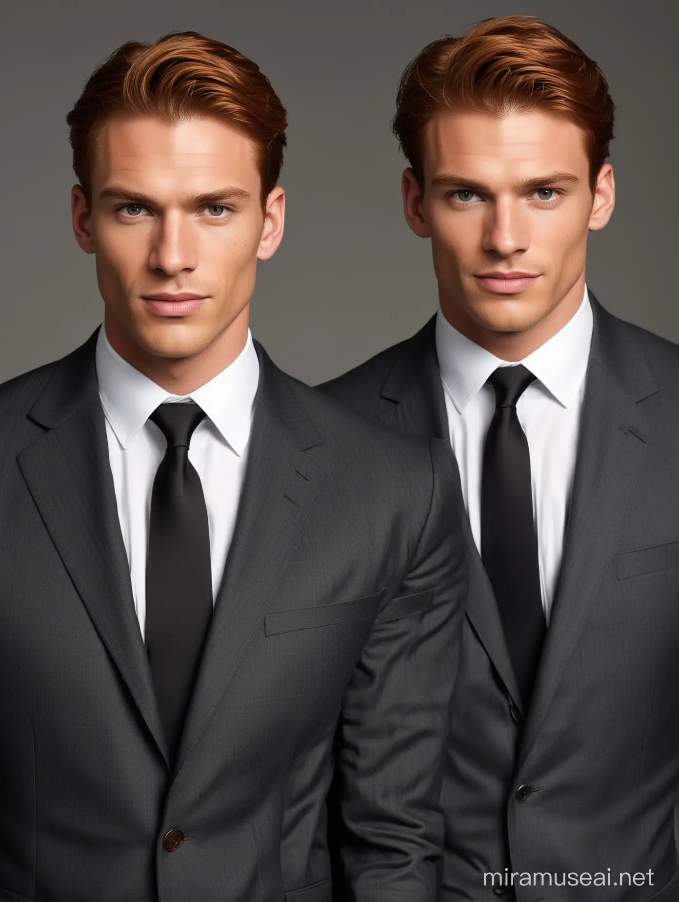 Dos hombres gemelos de cabello castaño rojizo, mandíbula cuadrada, guapos, fuertes y musculosos de treinta años con trajes color carbón a la medida 