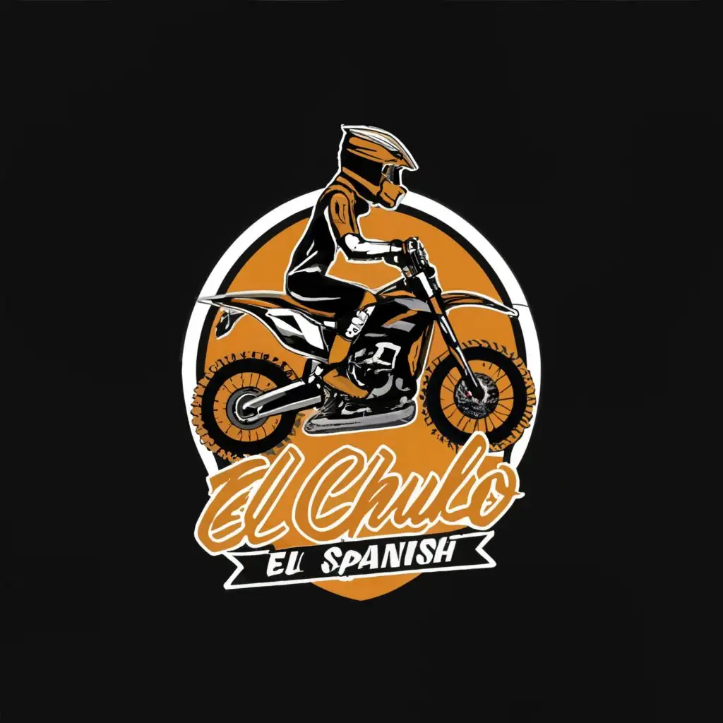 logo, a guy on a motorcycle with sport stuff, with the text "in Spanish EL CHULO", typography