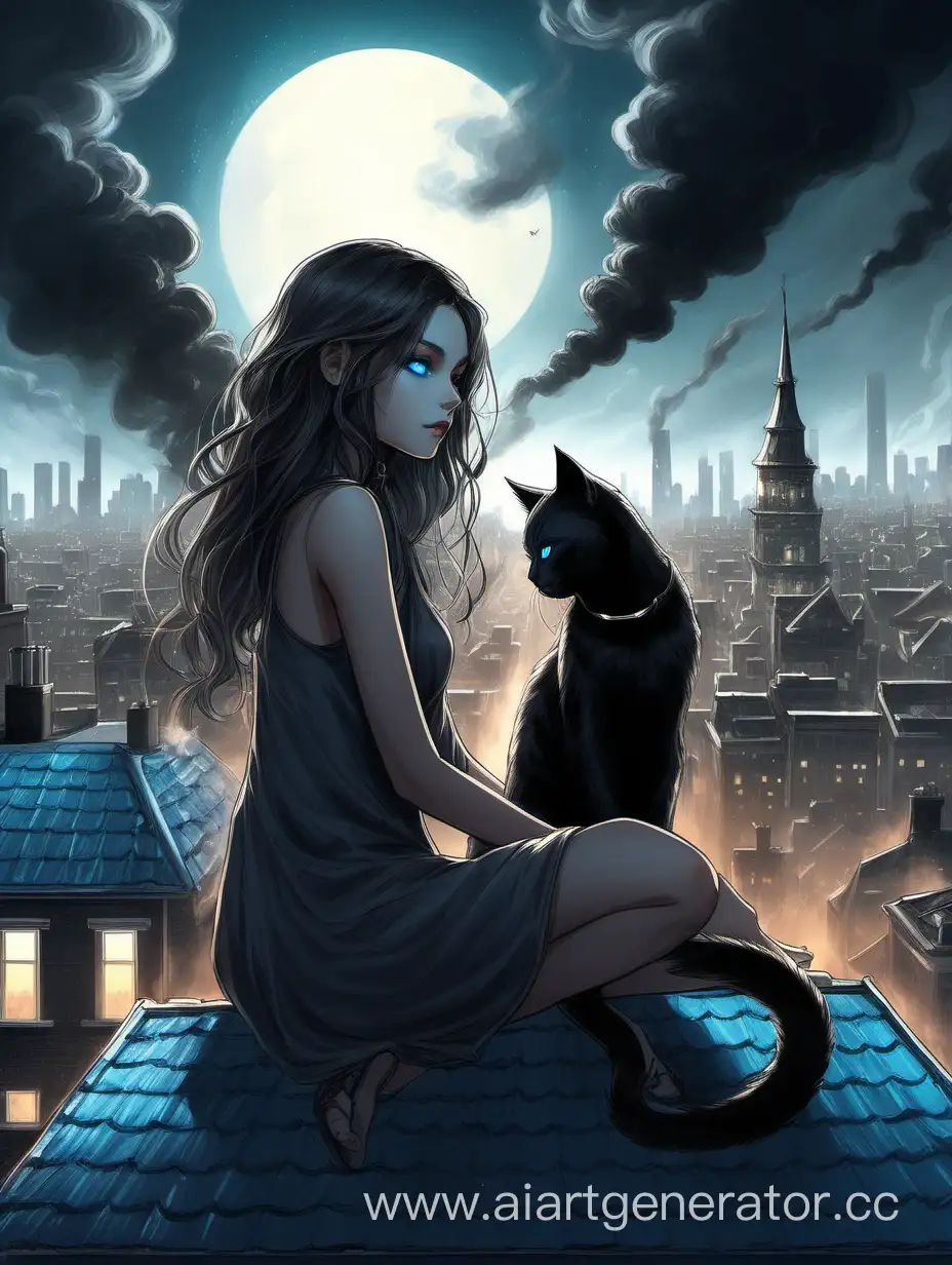 фэнтези, девушка сидит на крыше ночного города, за спиной разворачивается черный дым. рядом сидит серый кот с голубыми глазами