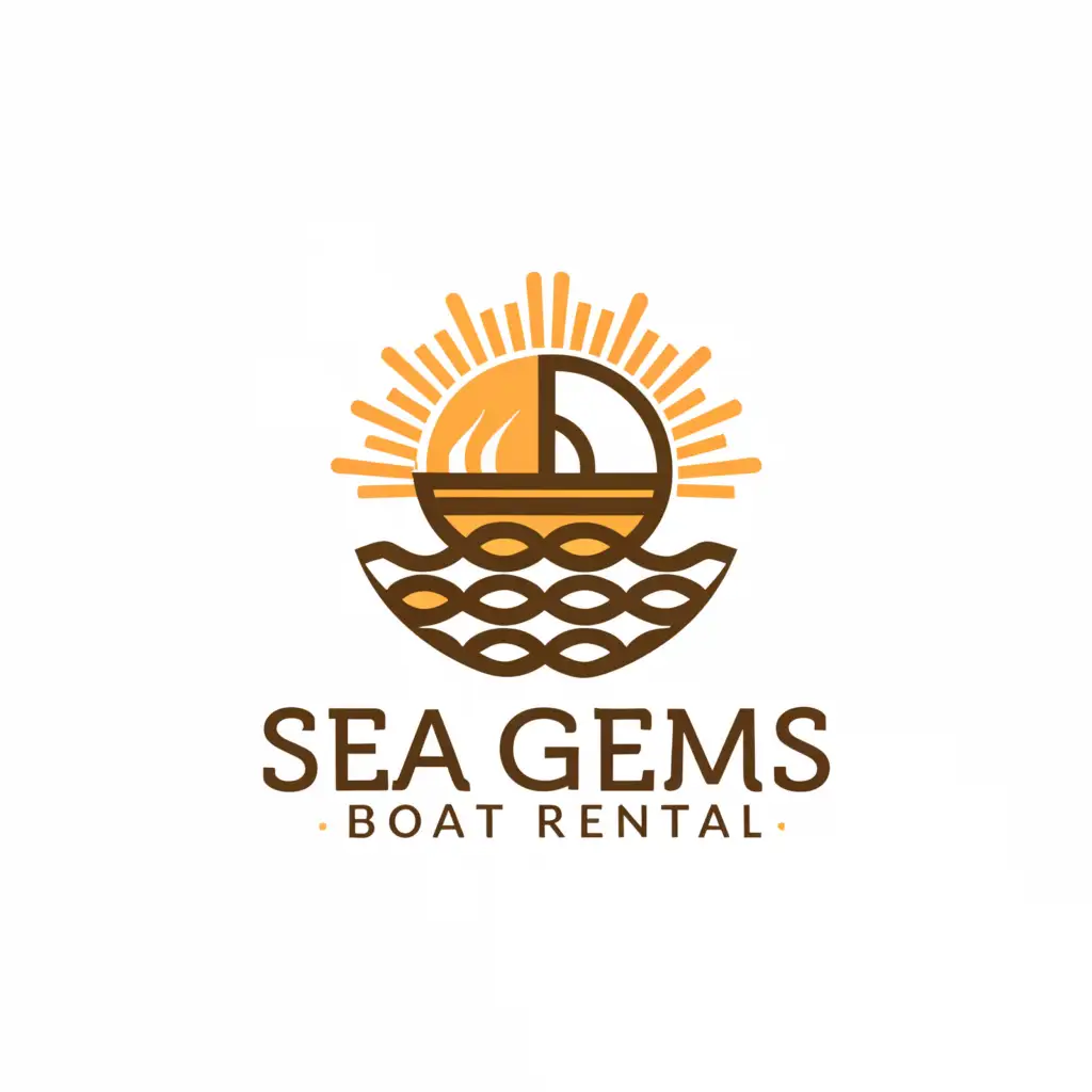 a logo design,with the text "Sea gems Boat rental", main symbol:Boat beach sun,Minimalistic,be used in Travel industry,clear background